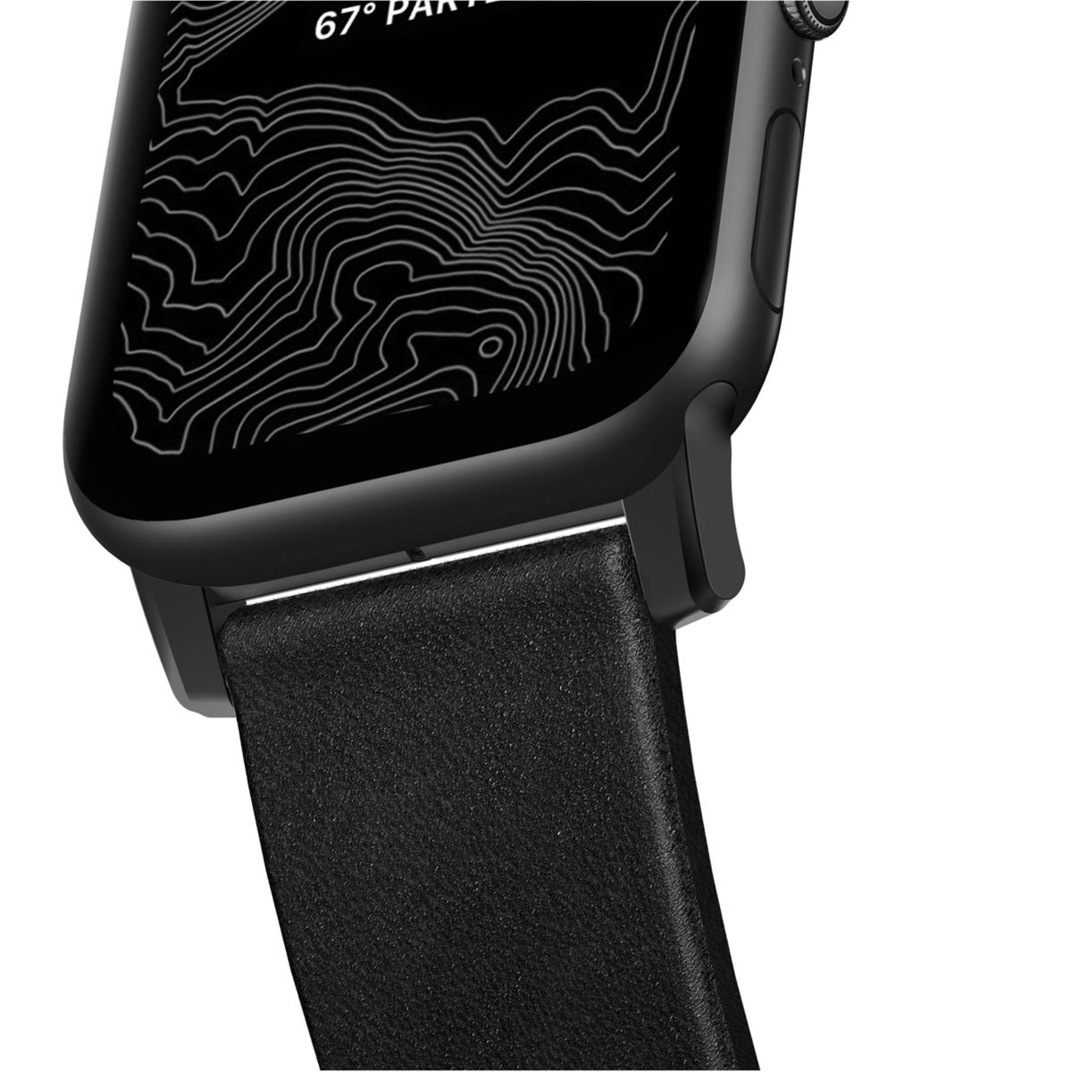 Nahaufnahme einer schwarzen Smartwatch mit schwarzem Lederarmband. Der Bildschirm zeigt eine Karte.