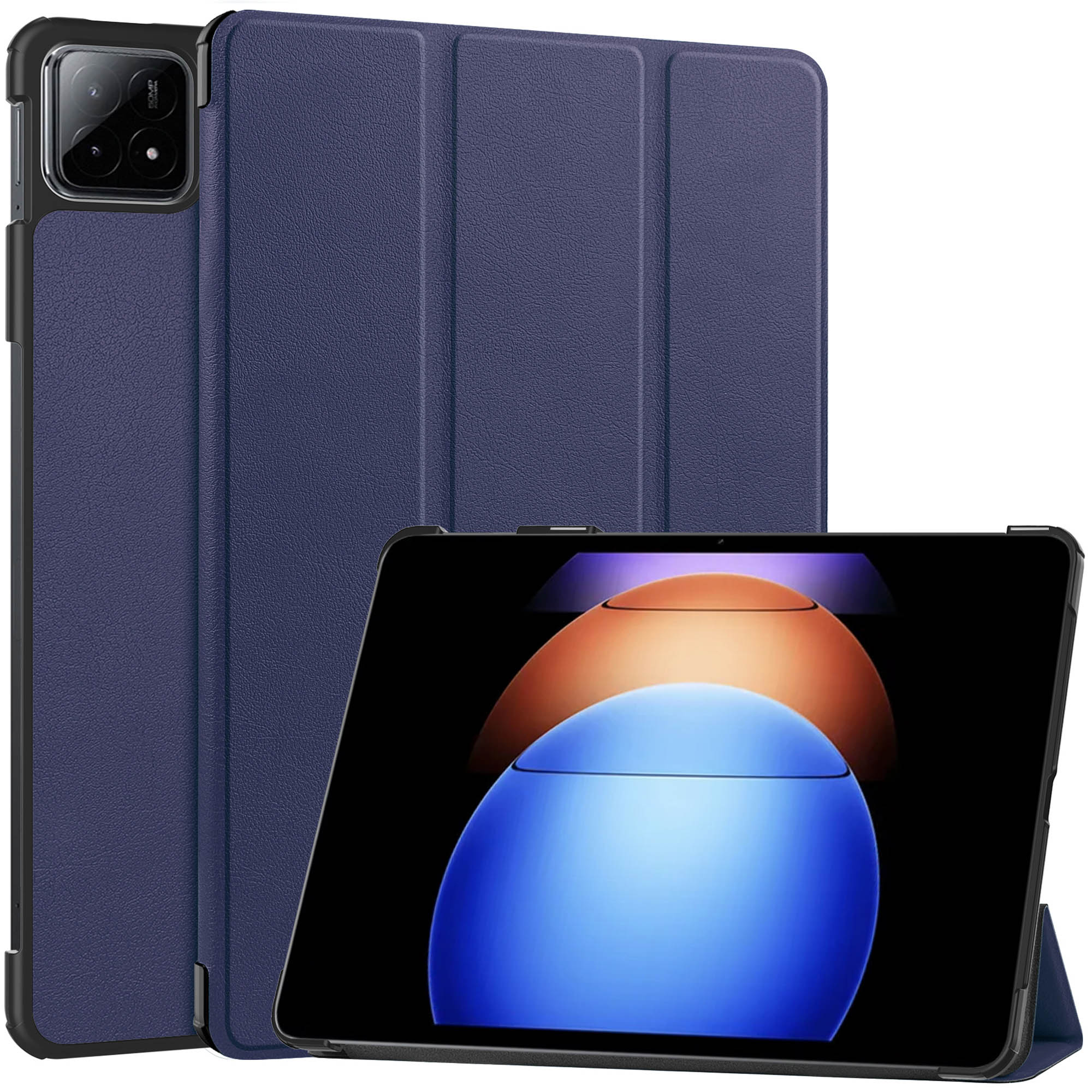 Tablet in dark blue case, closed. Tablet screen is visible. Case has a camera area and pen holder.