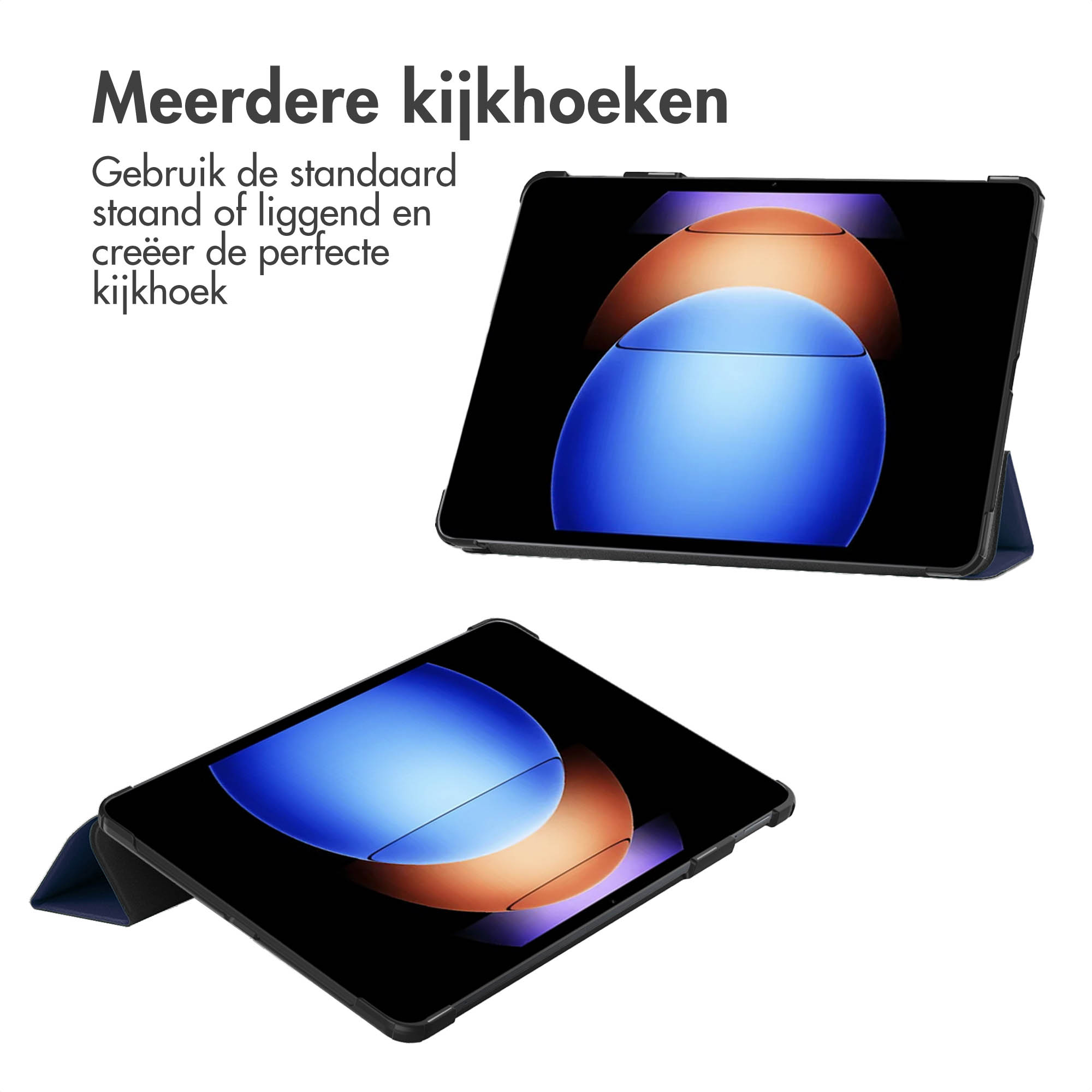 Black tablet case in two positions on a white background. The tablet is visible.