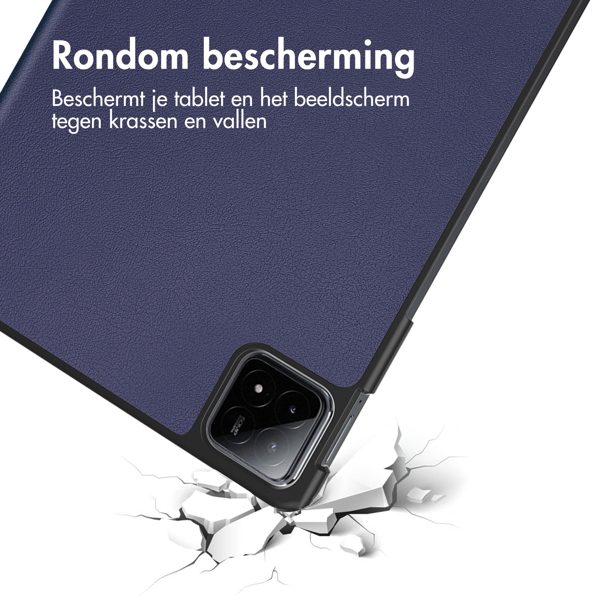 Close-up of a tablet case with a blue textured back, showing impact cracks on the floor surface.