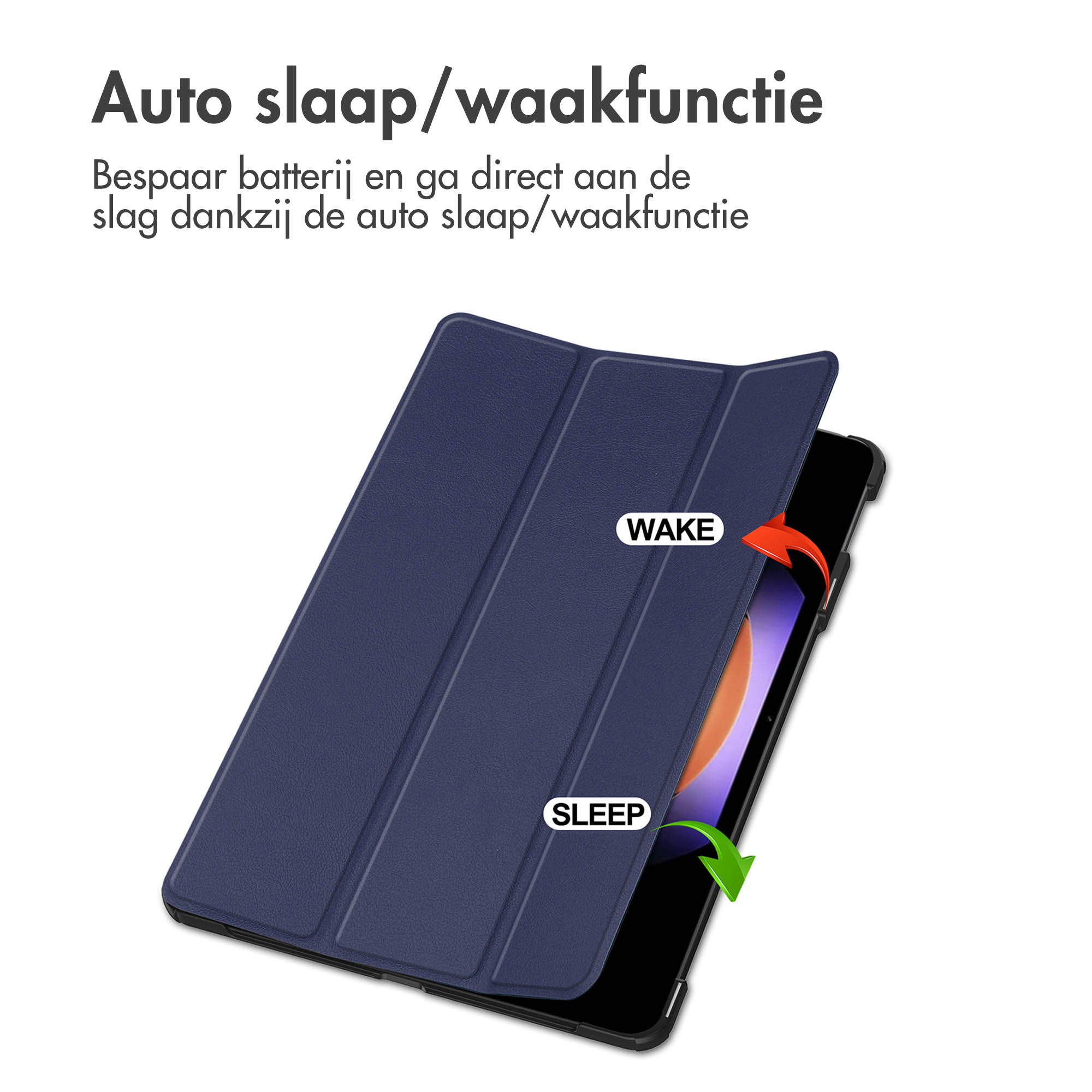 A blue tablet case opened to reveal a tablet. It has a wake and sleep function and is on white background.