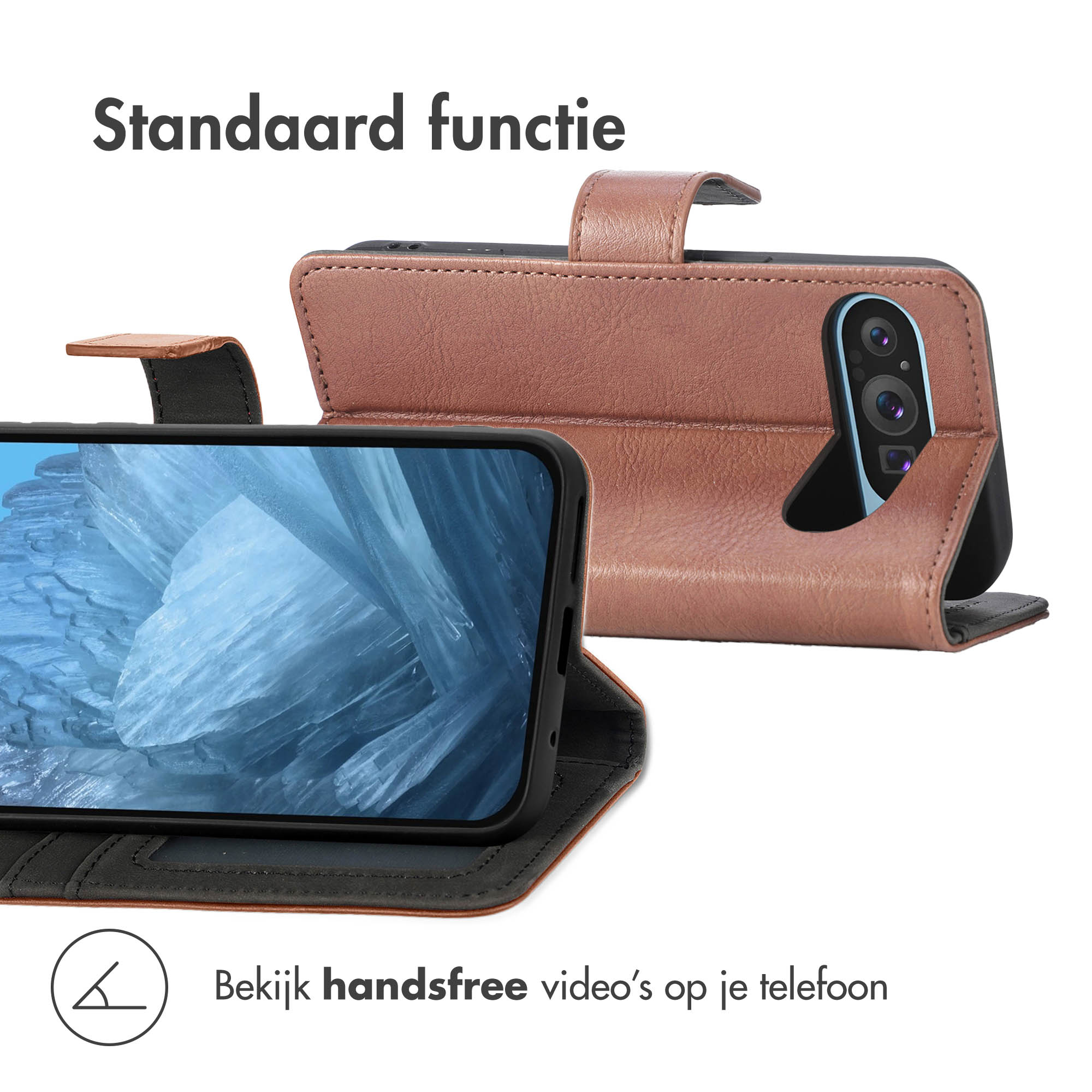 Bruine leren telefoonhoes met camera en standaardfunctie.