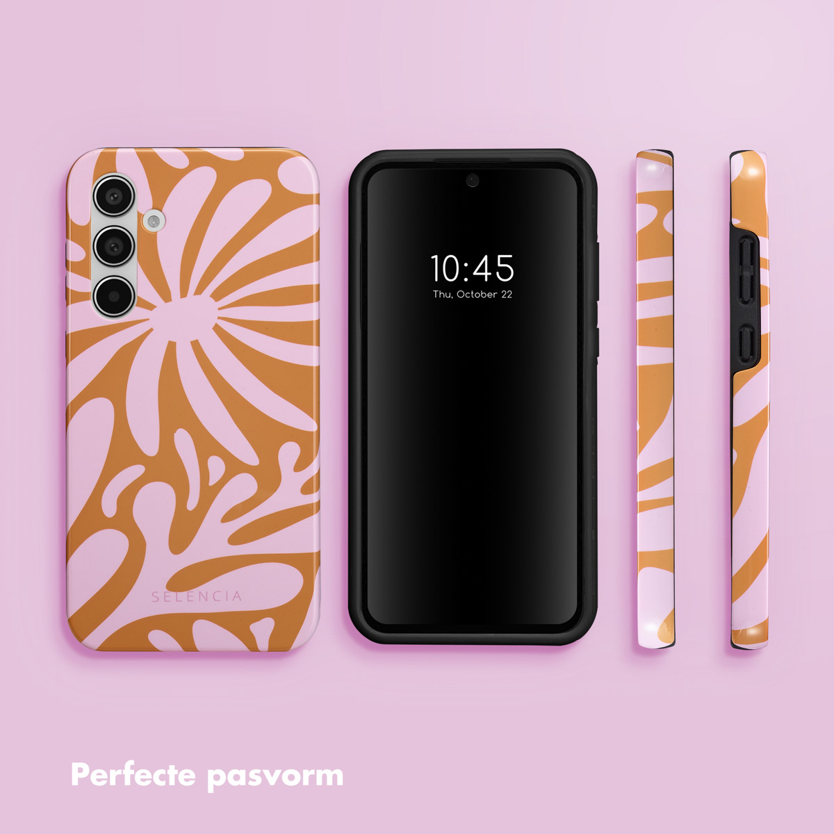 Een smartphone met een telefoonhoesje met roze en oranje bloemenpatroon.