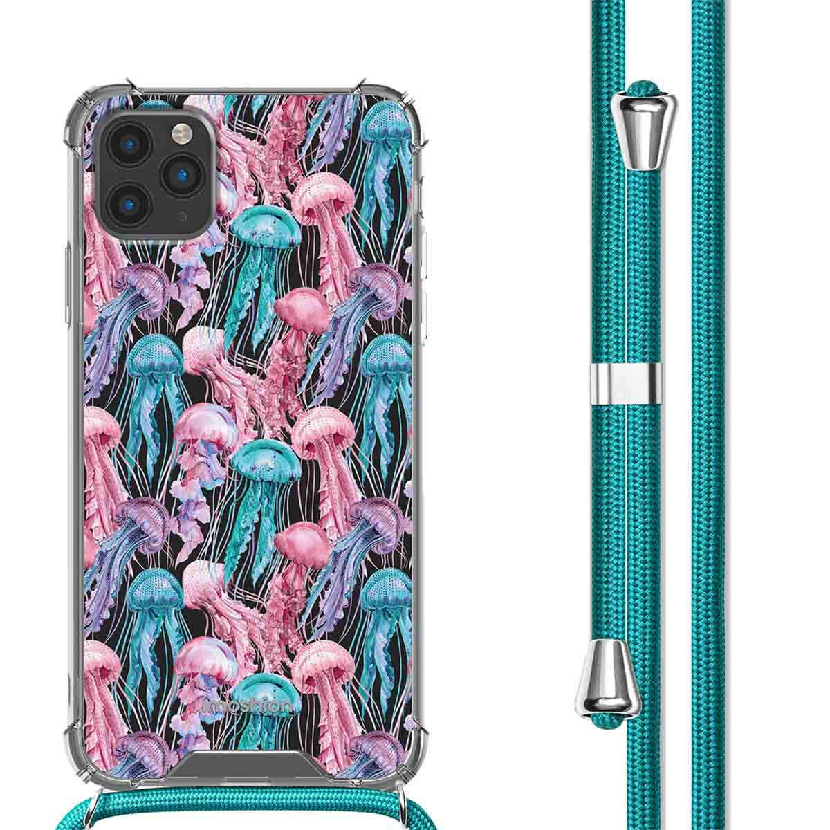 Uno smartphone in una custodia trasparente con un motivo di meduse. Un cordino turchese è attaccato.