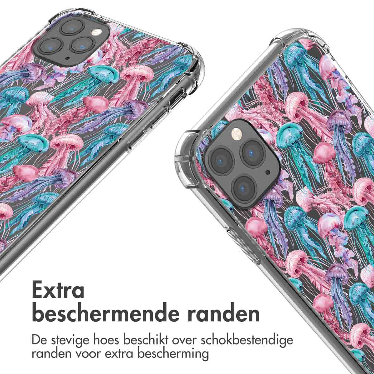Una custodia per telefono con un motivo di meduse rosa, blu e turchesi.