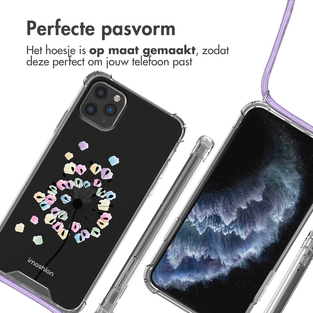Custodia trasparente per telefono con disegno di soffione colorato.