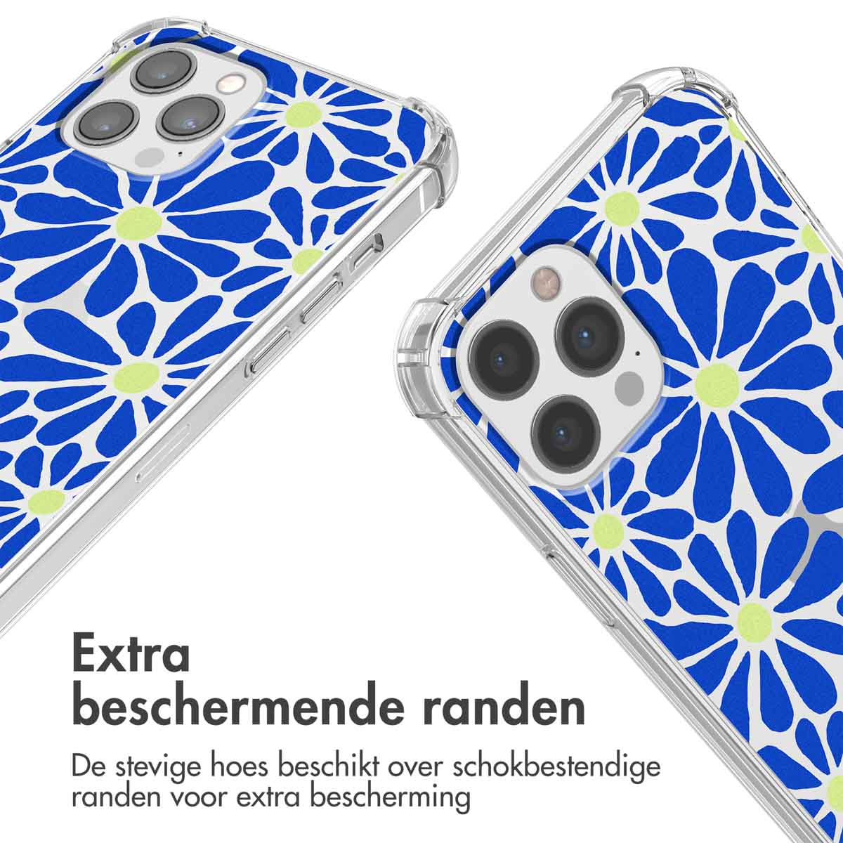 Coque transparente à motif floral bleu et bords protecteurs.