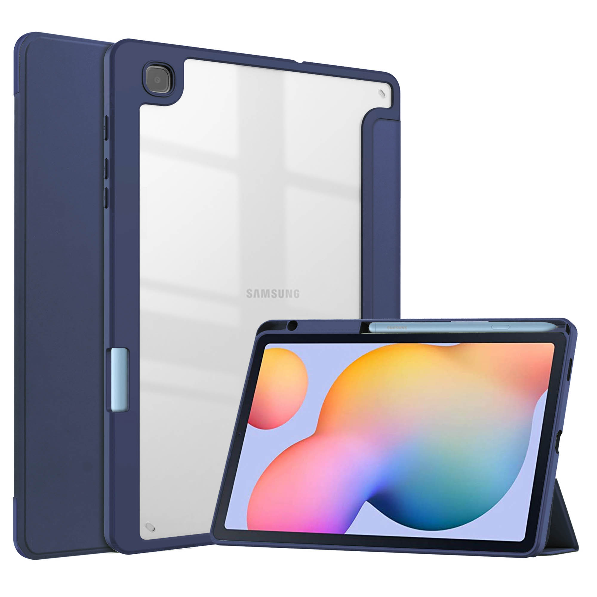Marineblauwe tablethoes met een doorzichtige achterkant en een pen. De tablet wordt in de hoes getoond.