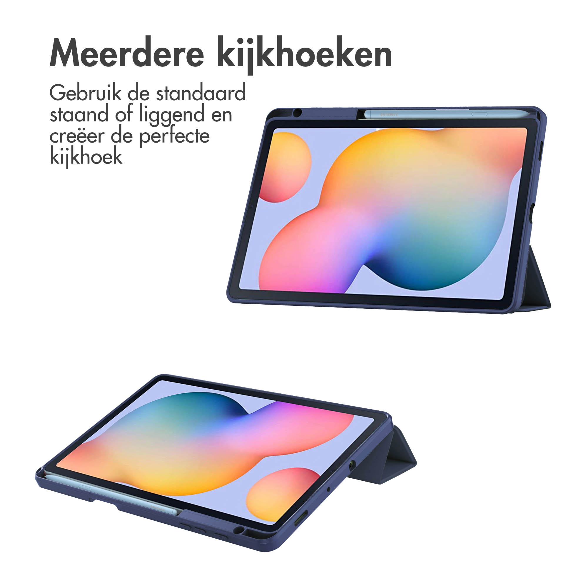 Tablet in hoes, in twee hoeken. Tekst noemt meerdere kijkhoeken.