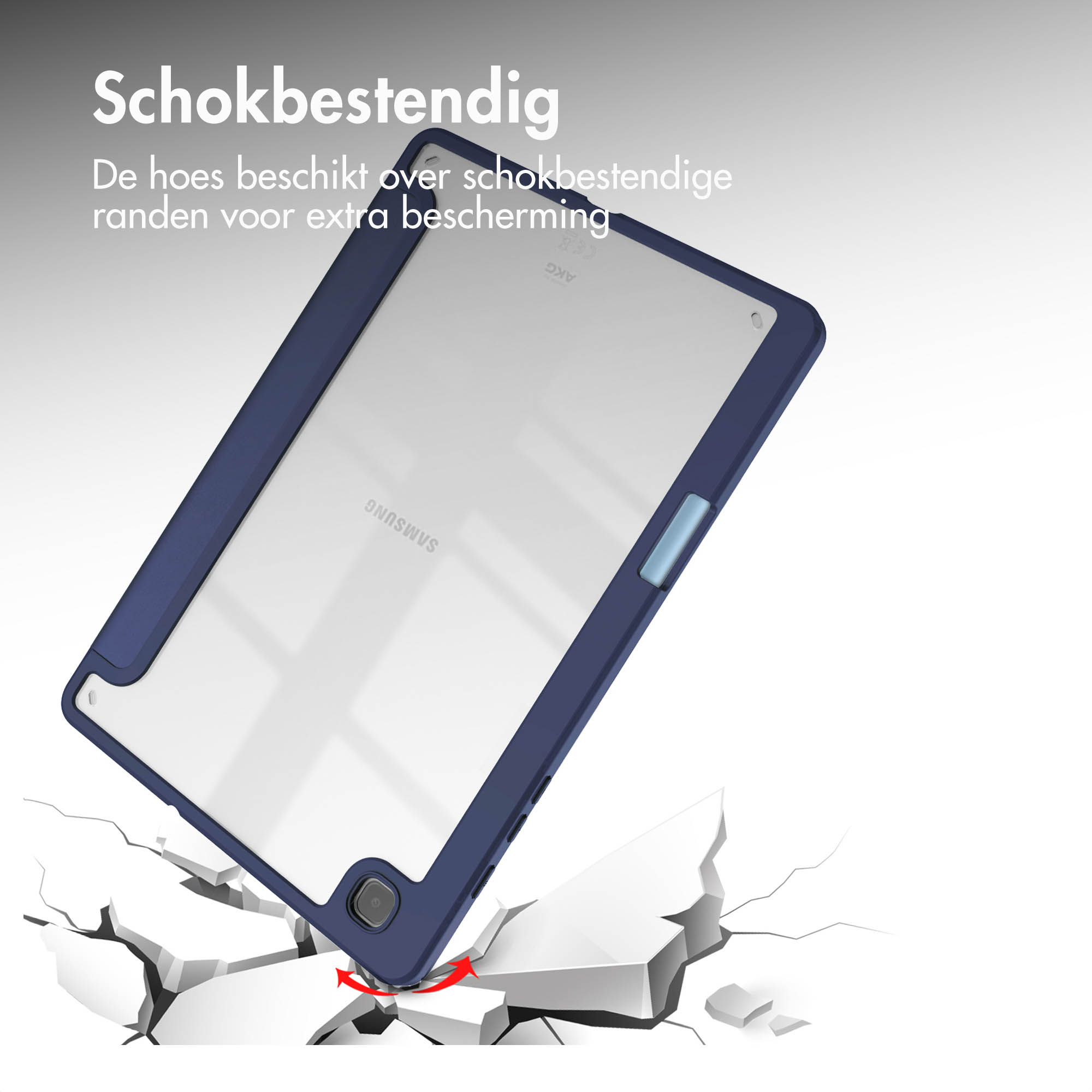 Tablet in blauwe hoes, onder een hoek op een wit oppervlak. Tekst: schokbestendig.
