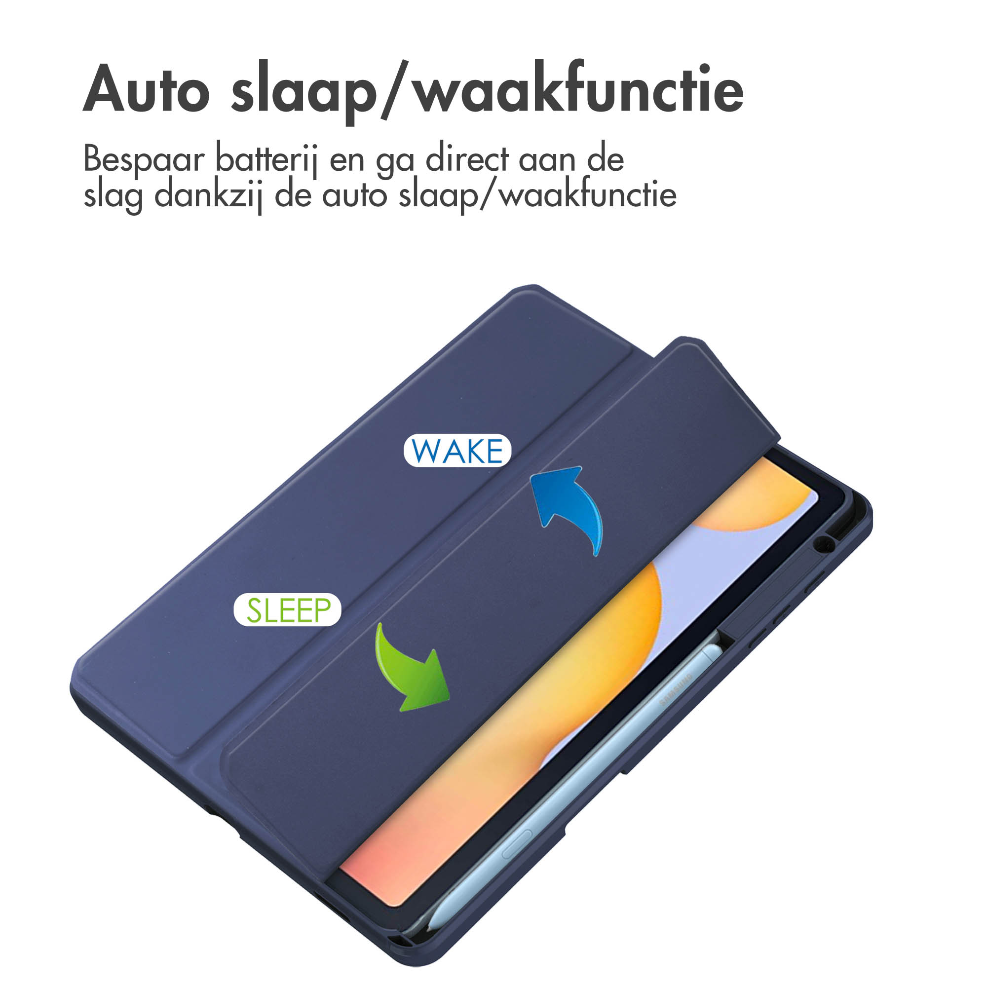 Een tablet hoesje in een donkerblauwe kleur. Het heeft een ingebouwde standaard en een pen.