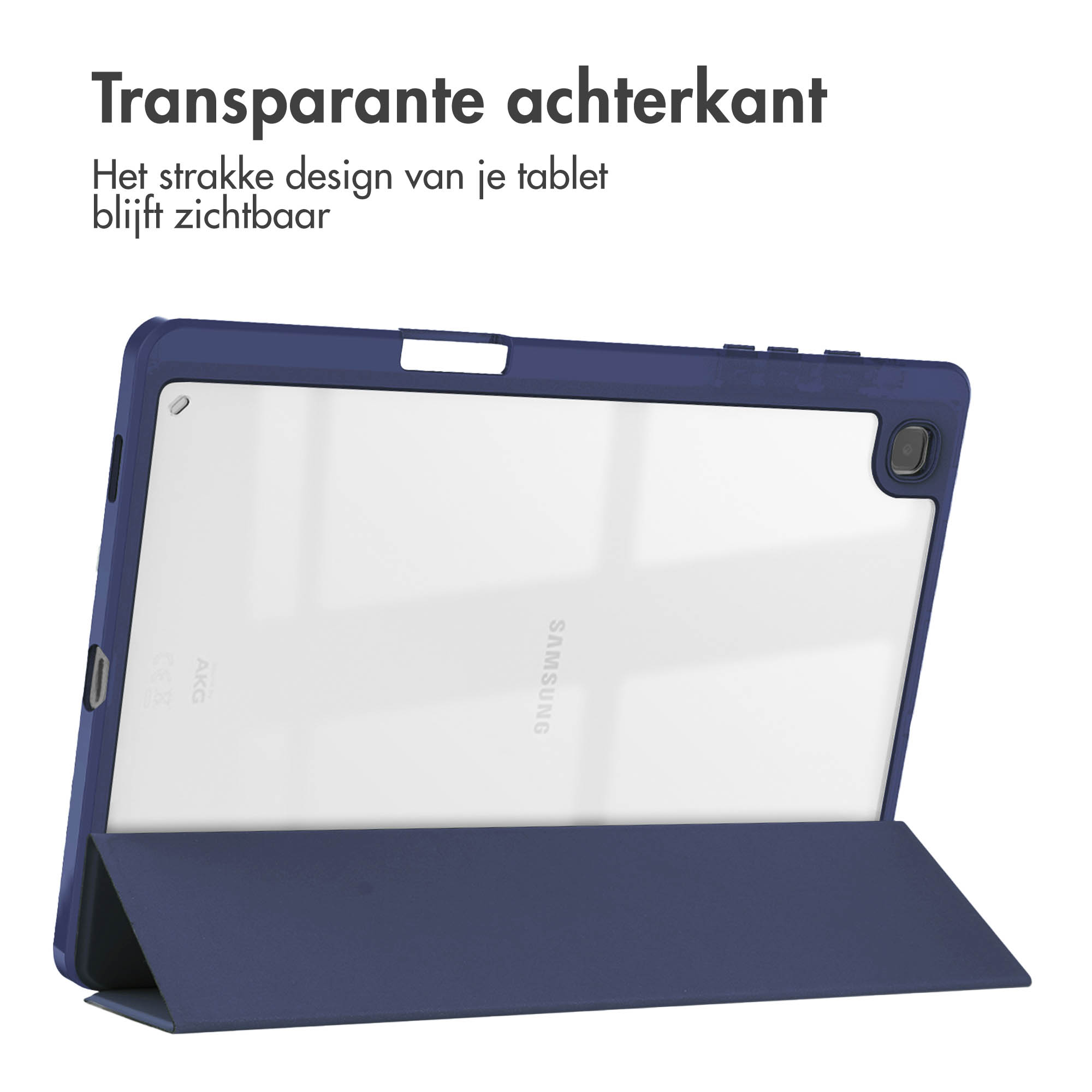 Een marineblauwe tablethoes met een doorzichtige achterkant.