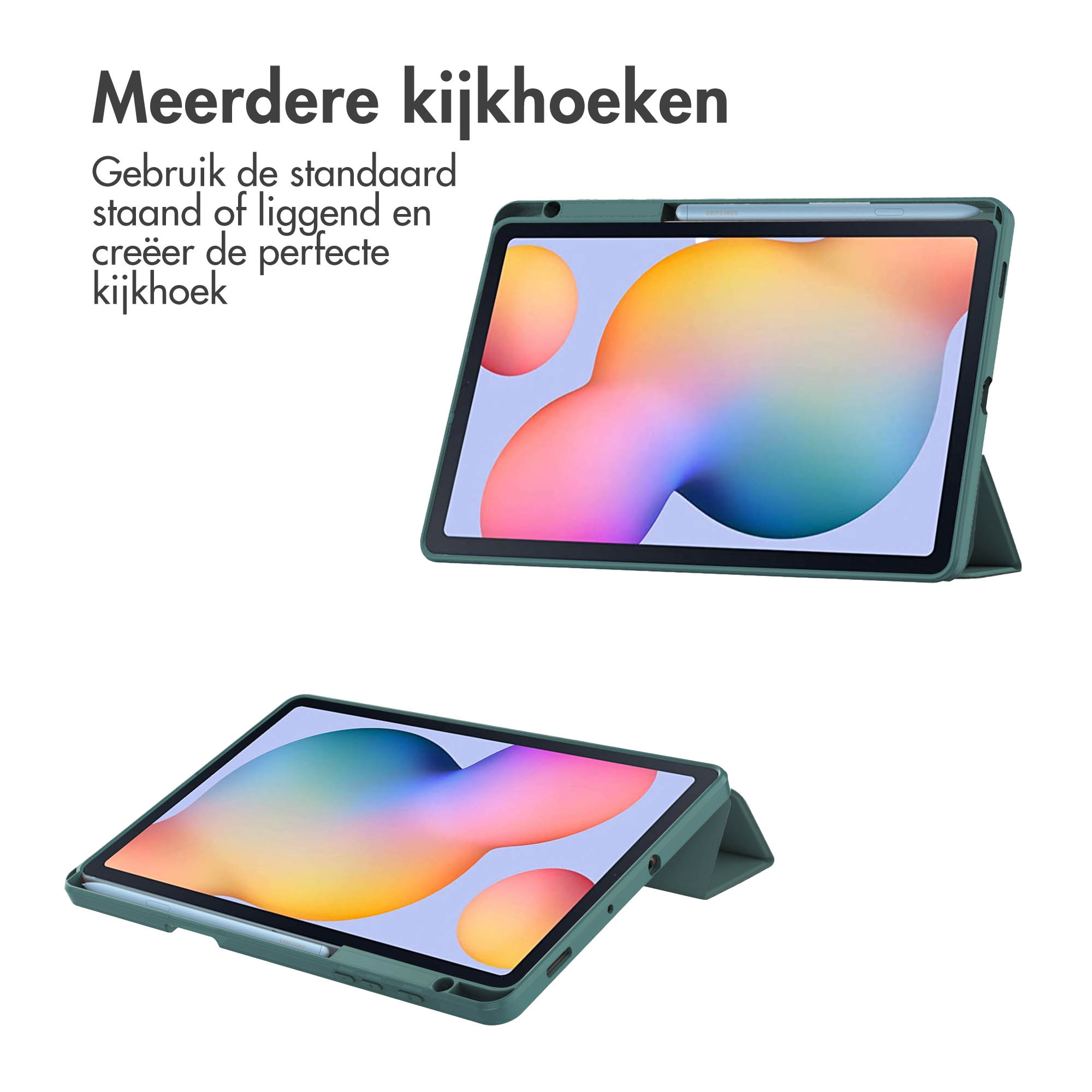 Tablet in hoes, in twee hoeken. Tekst noemt meerdere kijkhoeken.