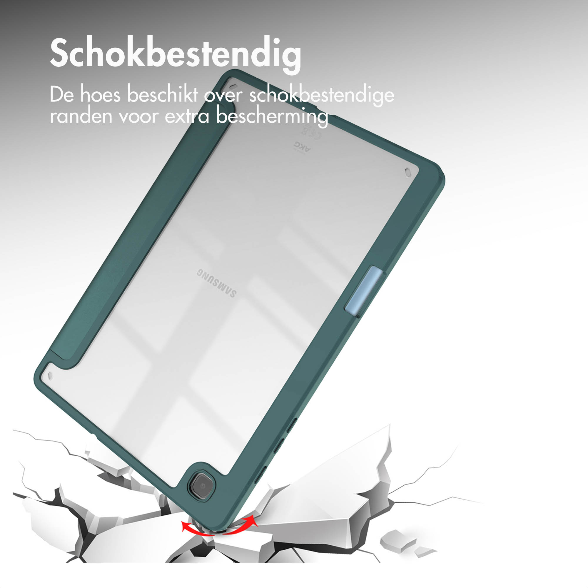 Tablethoesje met een groen frame en een wit scherm.