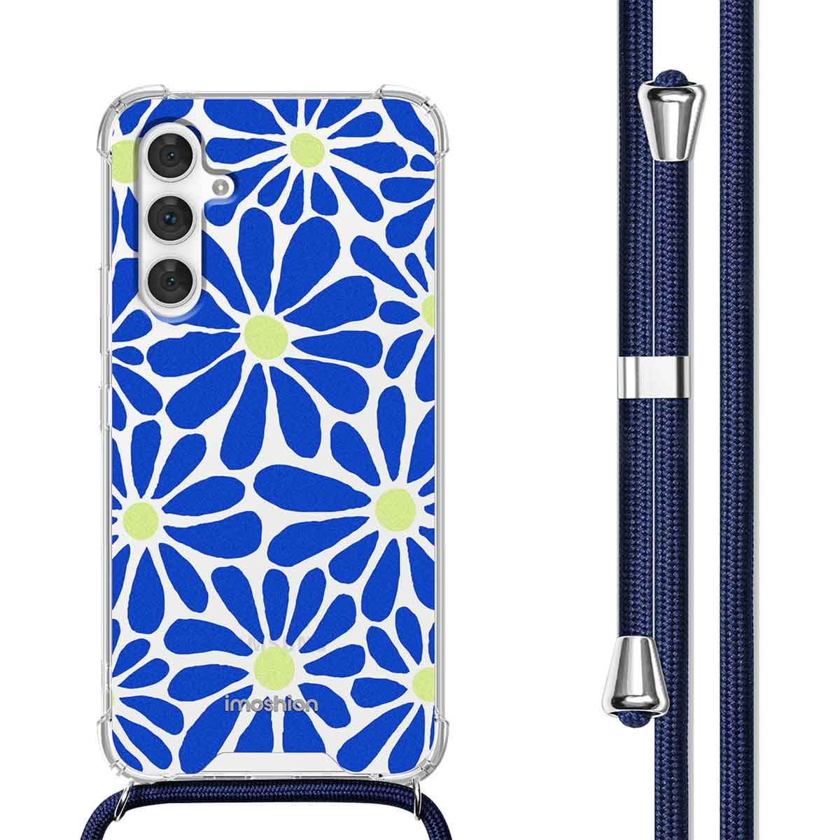 Telefoonhoesje met een blauw bloemmotief, witte achtergrond en blauwe band.
