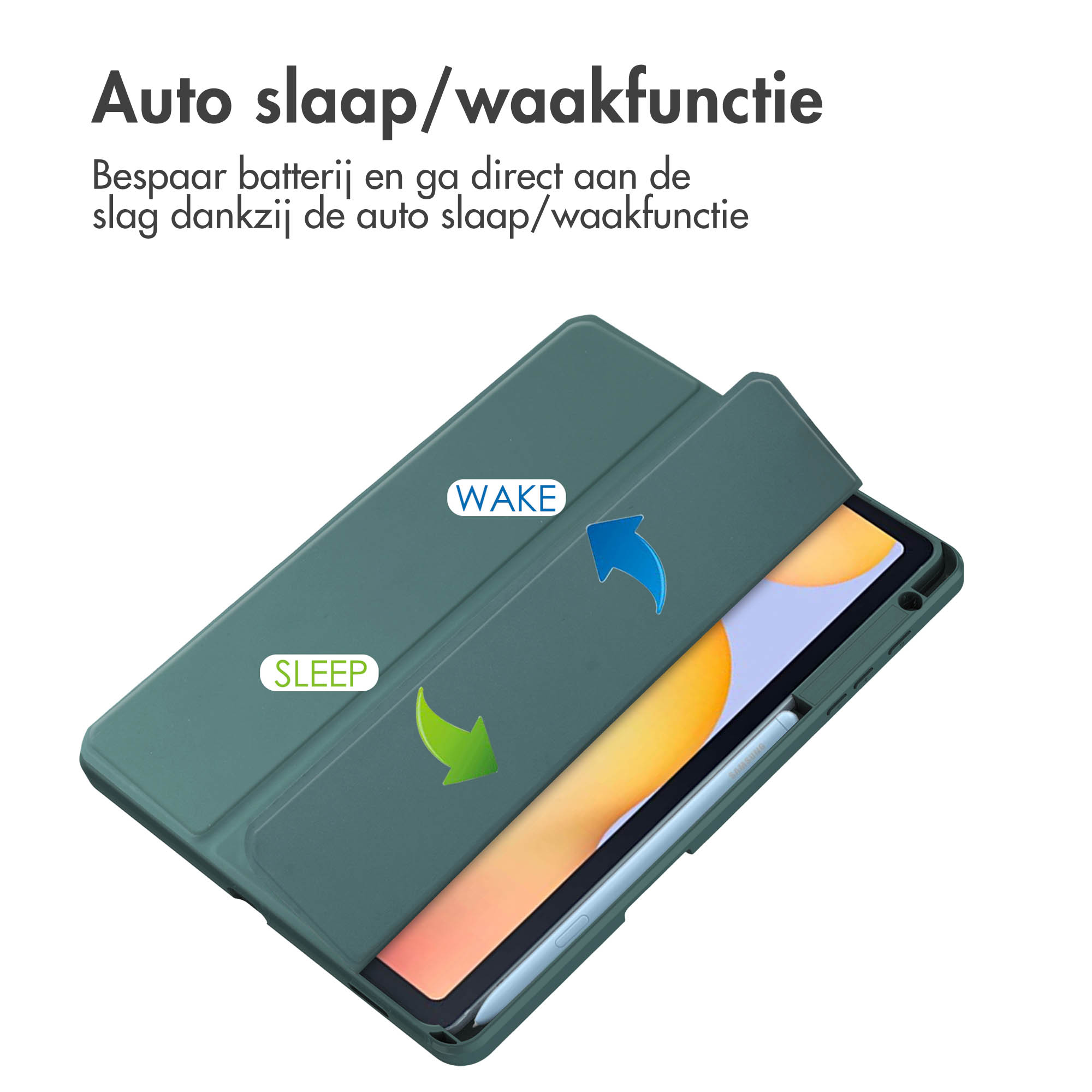Groene tablethoes met een tablet en een stylus, met tekst en pijlen.