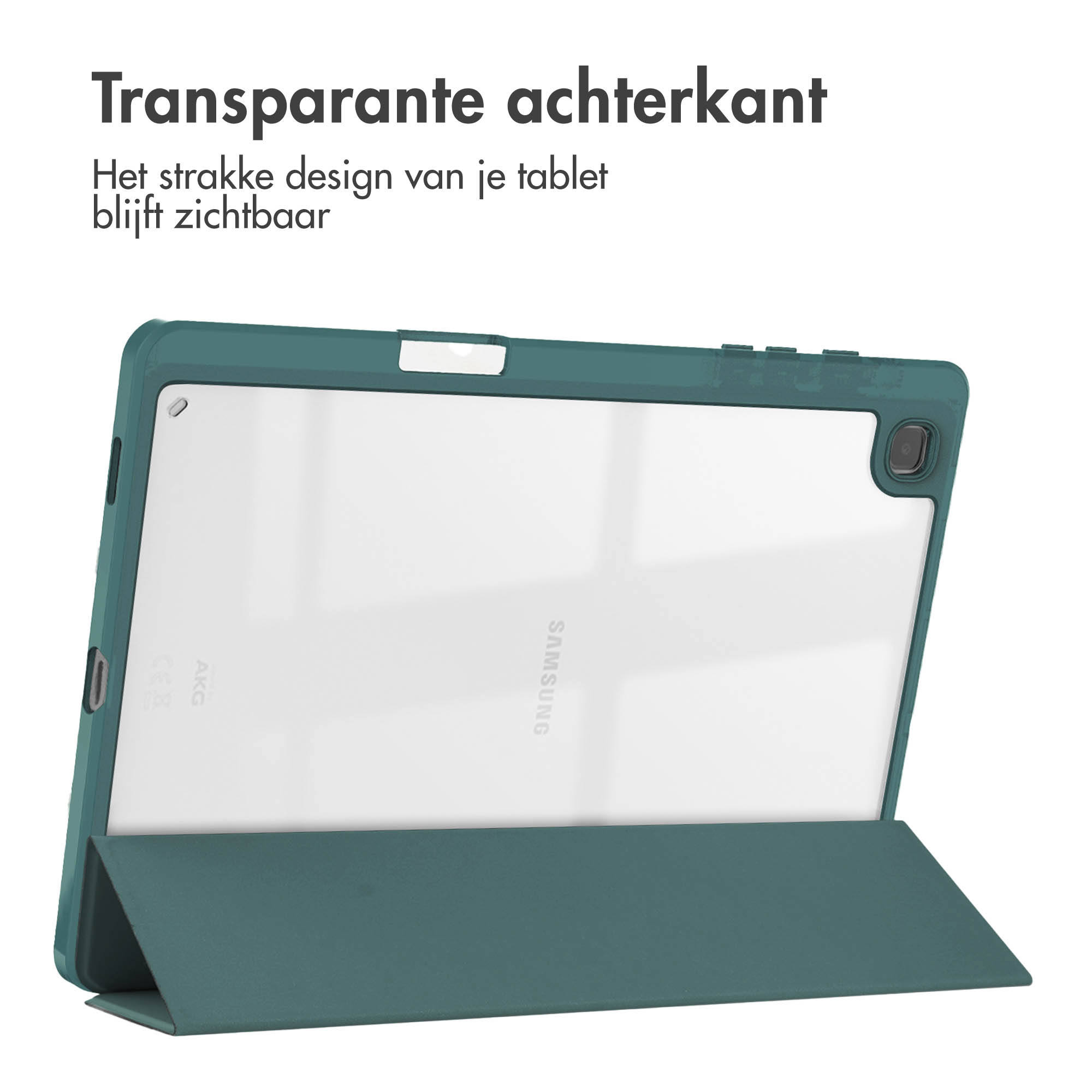 Tablet in groene hoes, met een transparante achterkant. Tekst zegt 'Transparante achterkant'.
