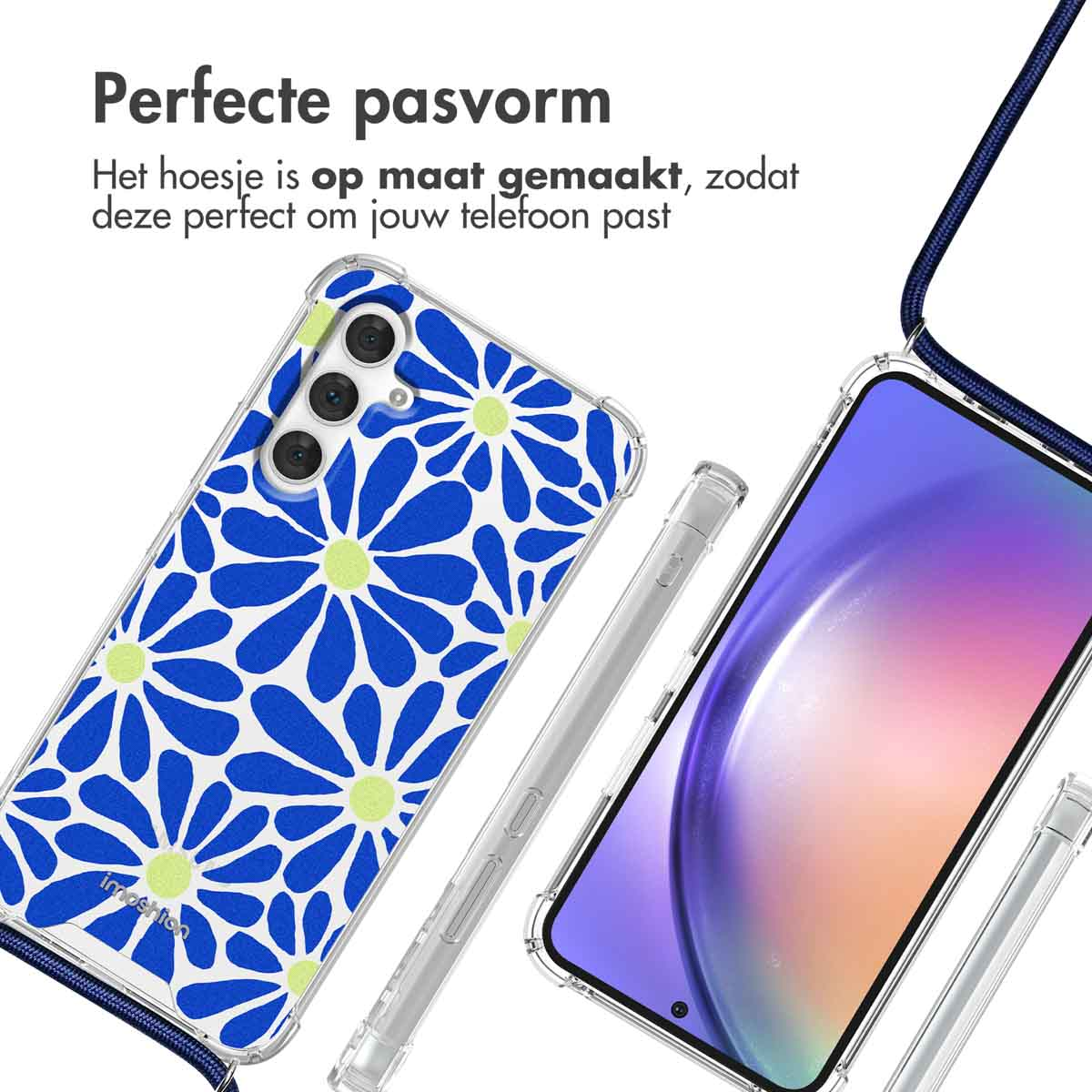Telefoonhoesje met blauwe bloemen en een blauw koord. Een telefoon zit in de hoes.