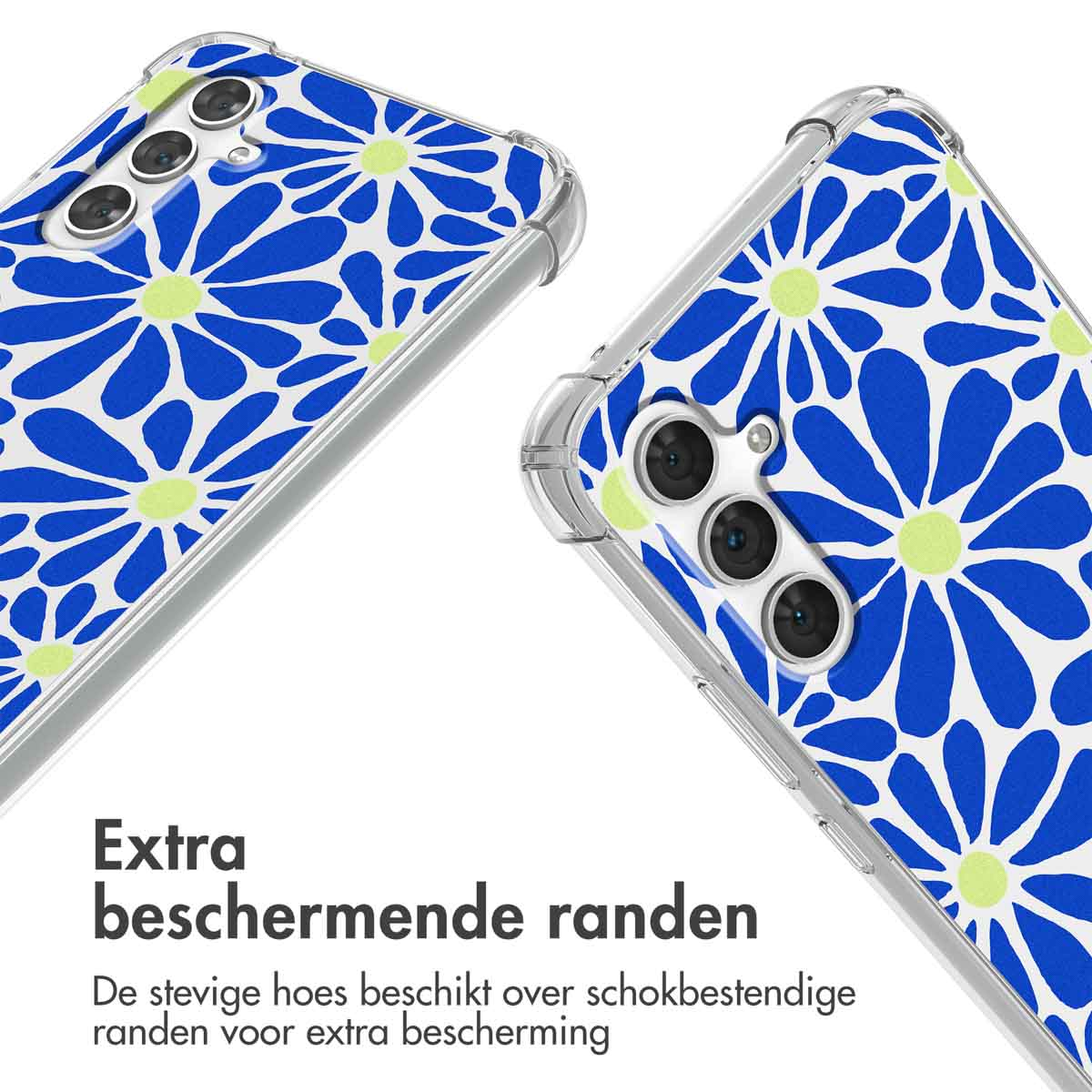 Close-up van twee telefoonhoesjes met blauw bloemenpatroon tegen witte achtergrond.