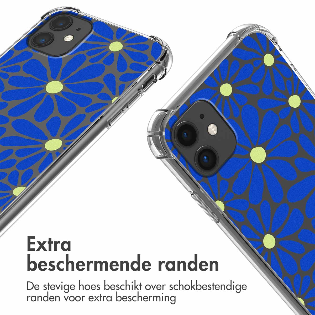 Twee doorzichtige telefoonhoesjes met een blauw-geel bloemenpatroon.