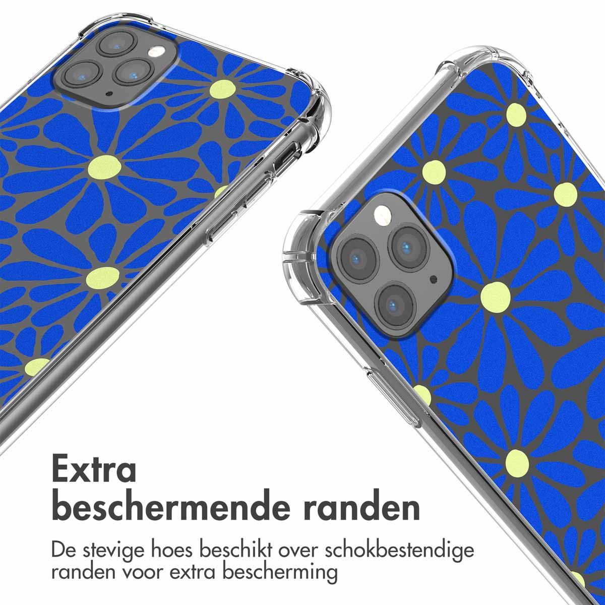 Coque transparente avec motif floral bleu et centres jaunes.