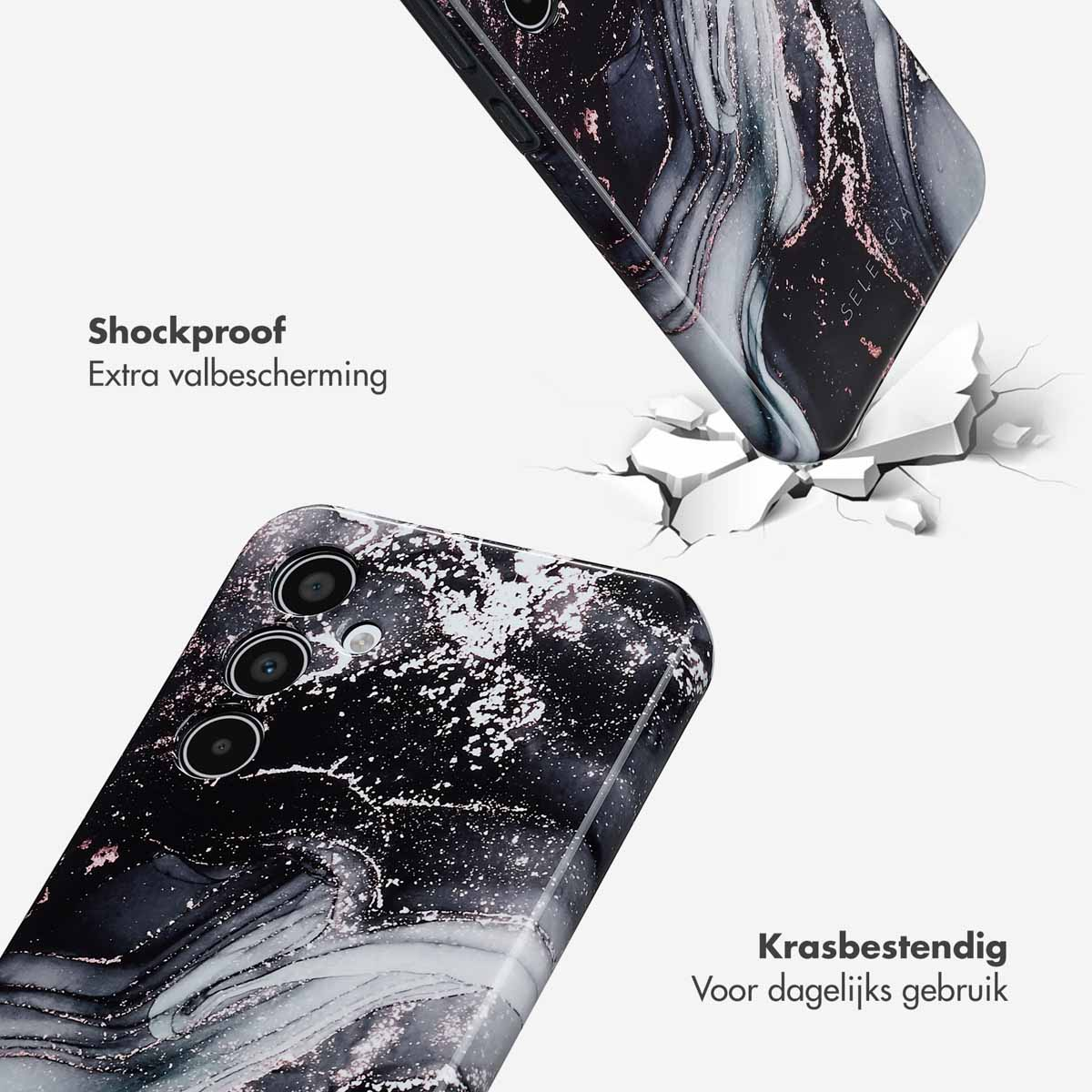 Deux coques de téléphone : une fissurée, une à l'impact. Les deux ont un design marbré.