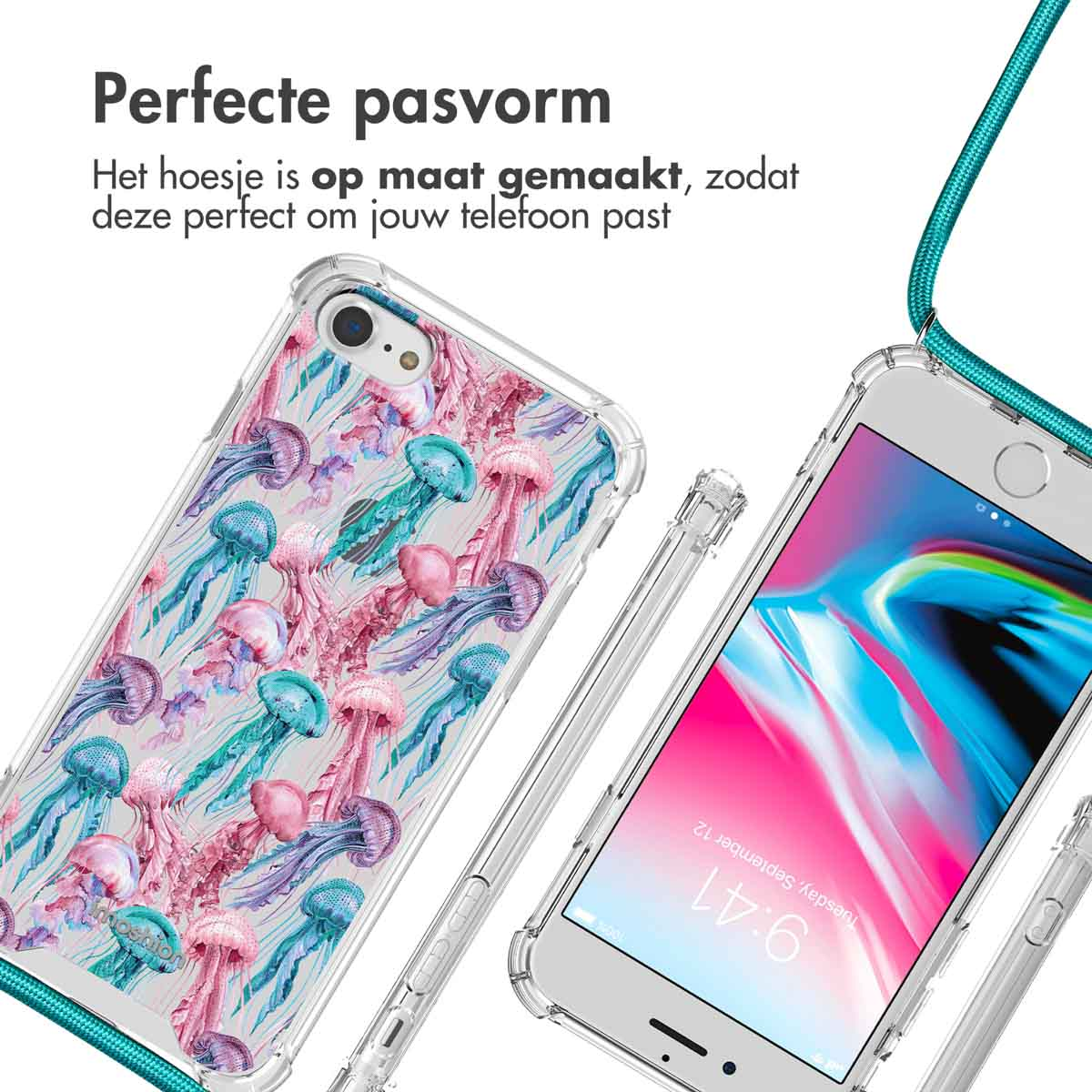 Twee iPhones in doorzichtige hoesjes, één met kwallenprint en koord.