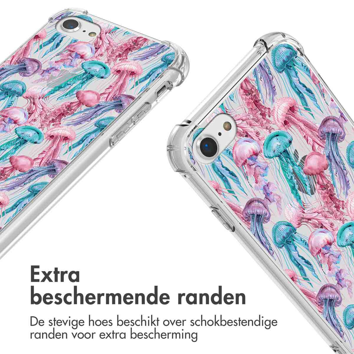 Transparante telefoonhoes met roze, blauw en paars kwallenpatroon.