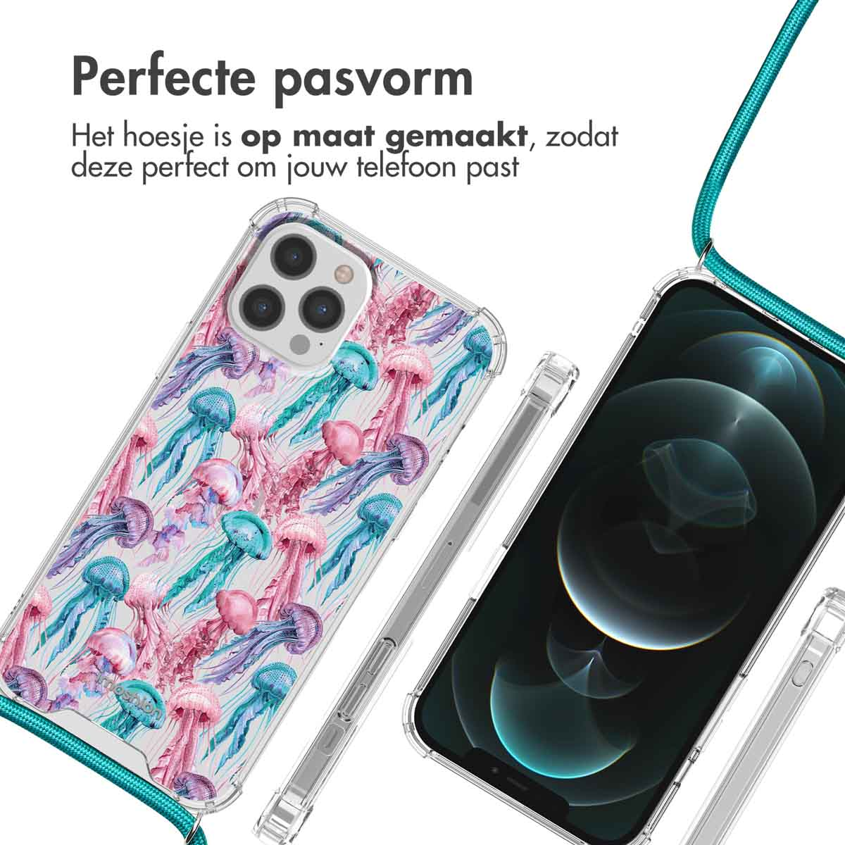Coques transparentes pour téléphone avec motif méduse, une avec et une sans téléphone.