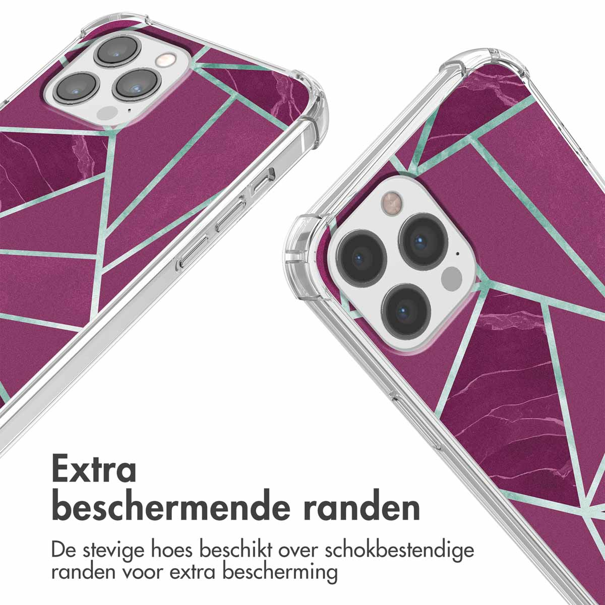 Paarse telefoonhoes met geometrisch marmerpatroon en schokbestendige randen.