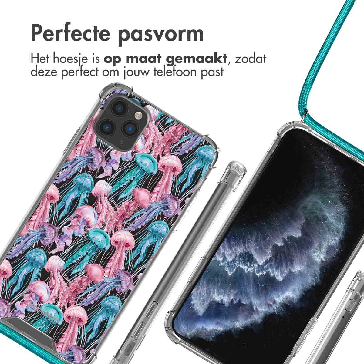Une coque de téléphone transparente avec un motif de méduses à côté d'un téléphone.