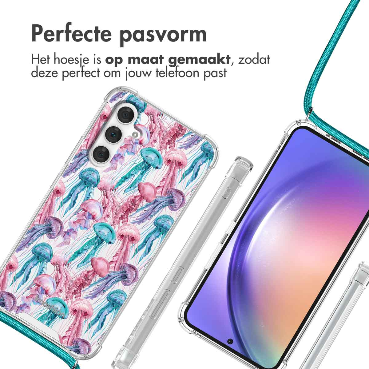 Een doorzichtige telefoonhoes met kwallenpatroon en ernaast een smartphone.