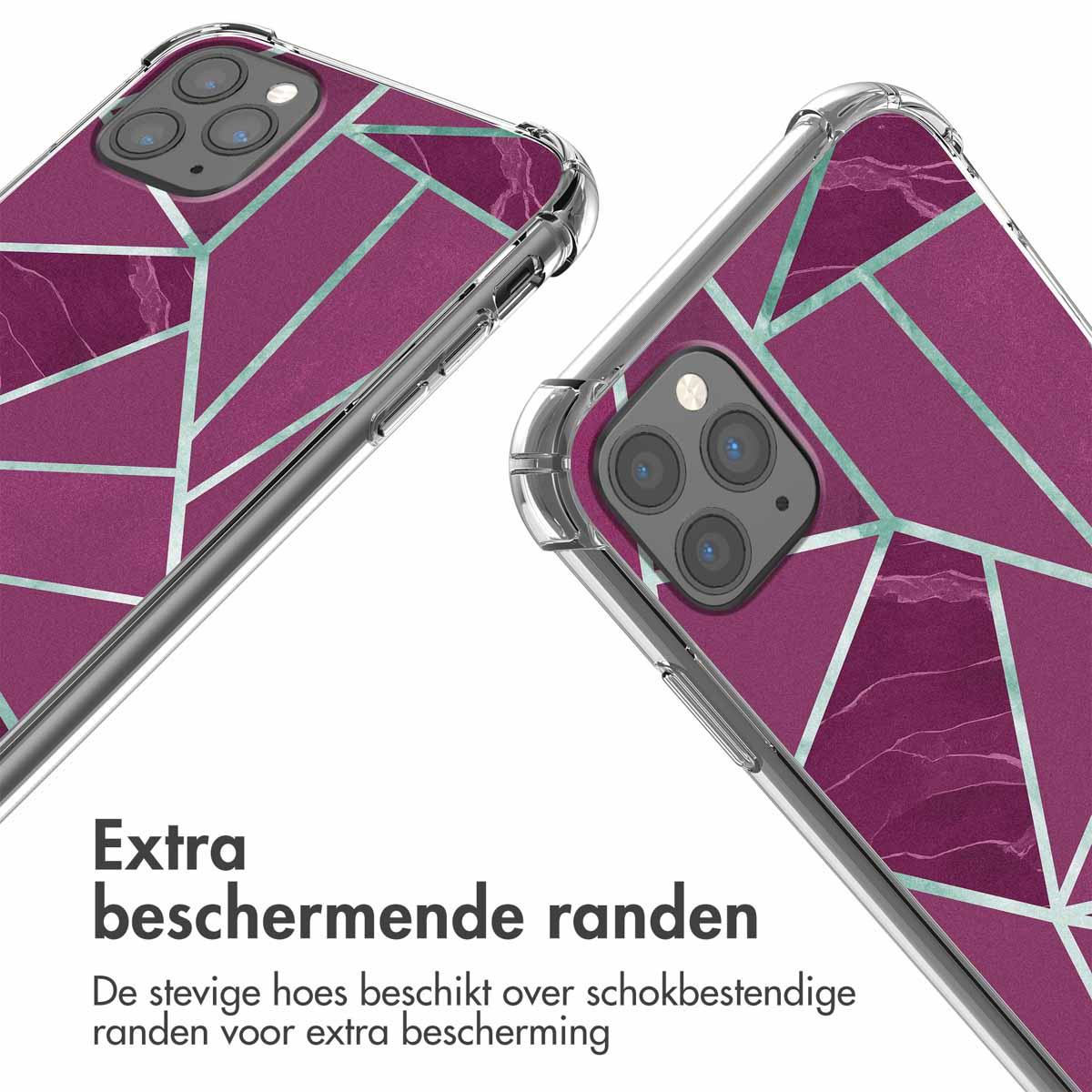Coque de téléphone violette à motif géométrique marbré et bords transparents.