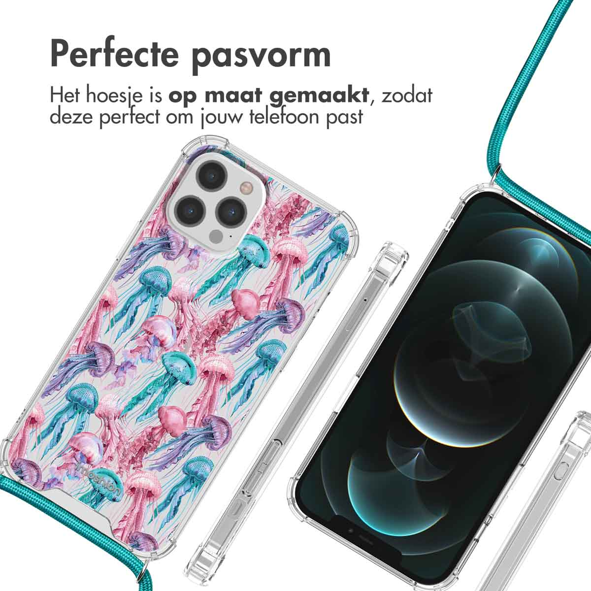 Coques de téléphone transparentes motif méduse avec cordon bleu.