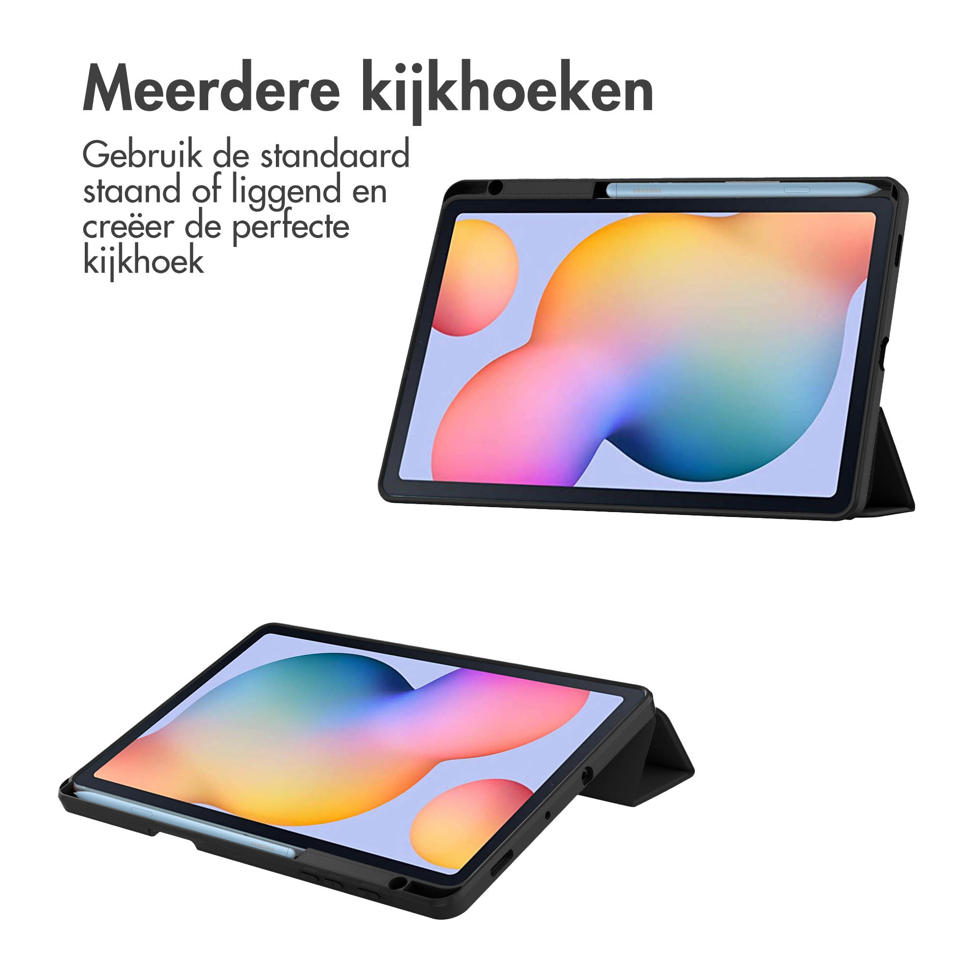 Tablets op zwarte hoes. Tekst zegt 'Meerdere kijkhoeken'. Eén tablet is omhooggeklapt.