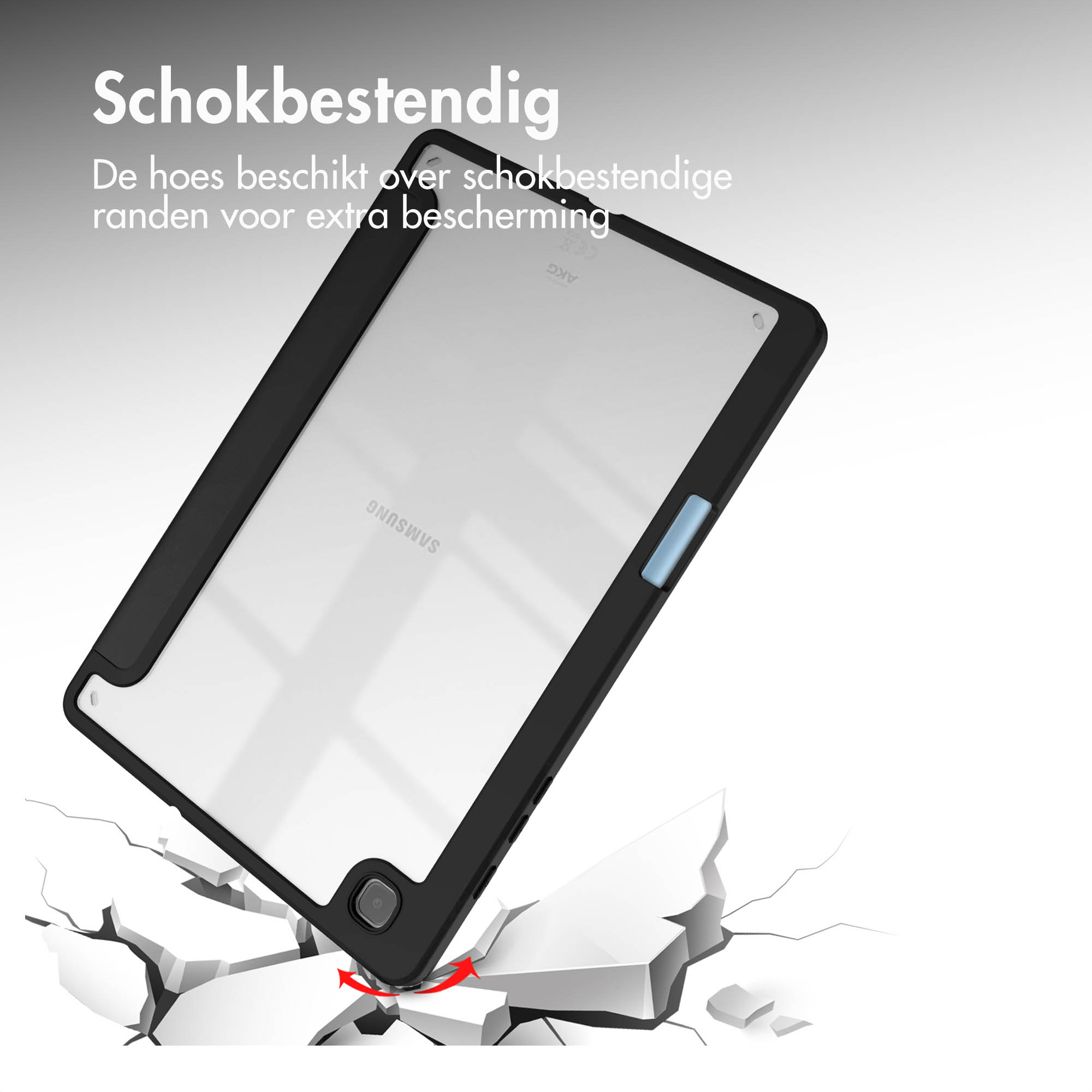 Tablethoes met tablet erin. Tekst zegt schokbestendig.