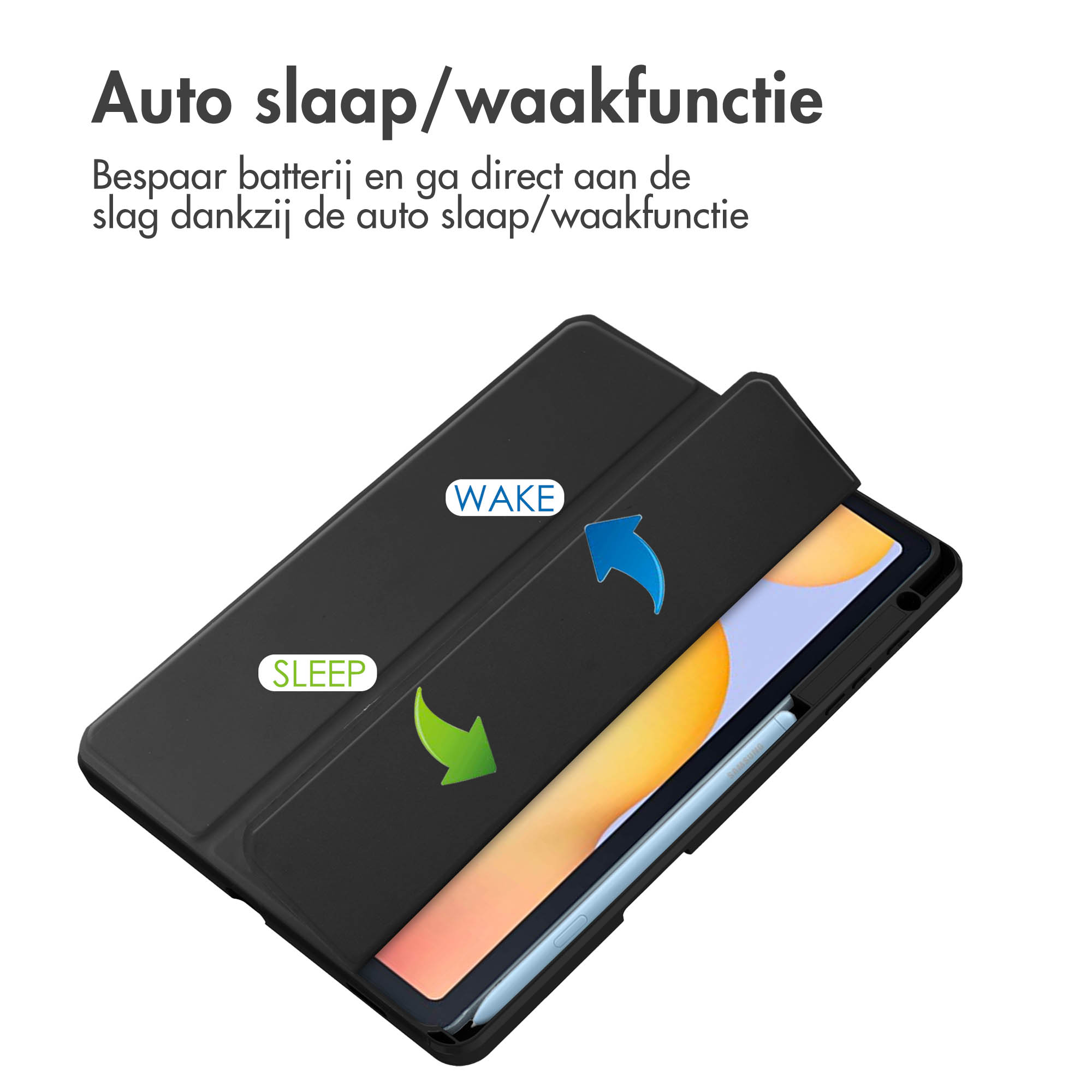 Zwarte tablethoes met open cover. Tekst en pijlen geven slaap/wake functie aan.