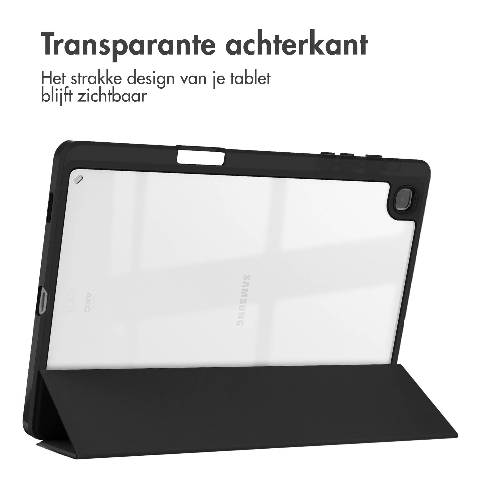 Zwarte tablethoes met transparante achterkant, toont de tablet met een zwarte hoes.