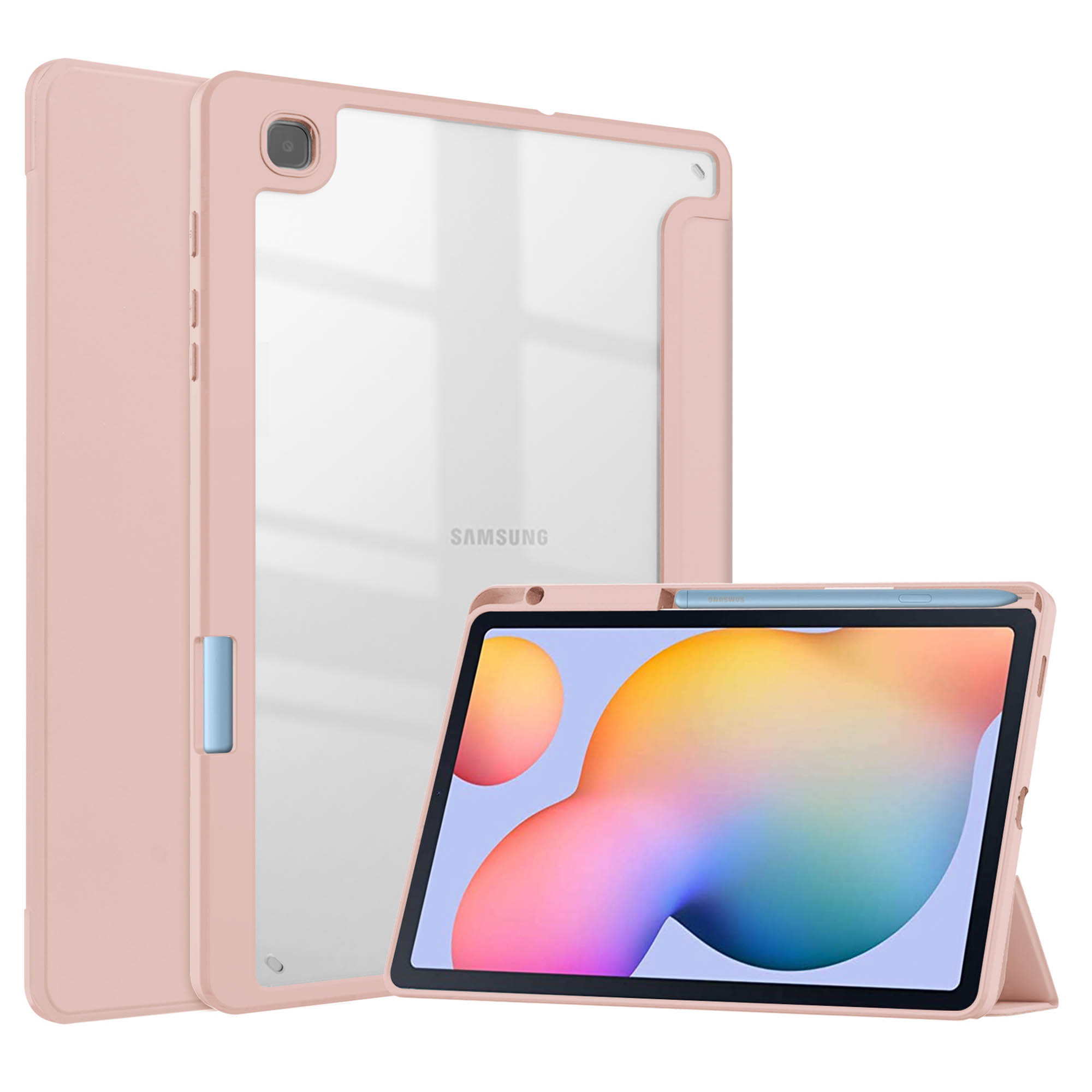 Roze tablethoes met doorzichtige achterkant en tablet erin. De tablet toont een scherm.