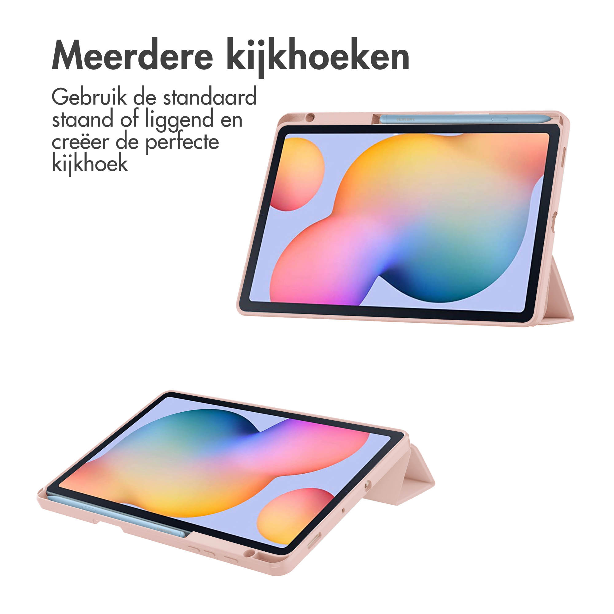 Twee tablets, één open in een standaard, de andere plat. Beide zitten in een roze hoes.