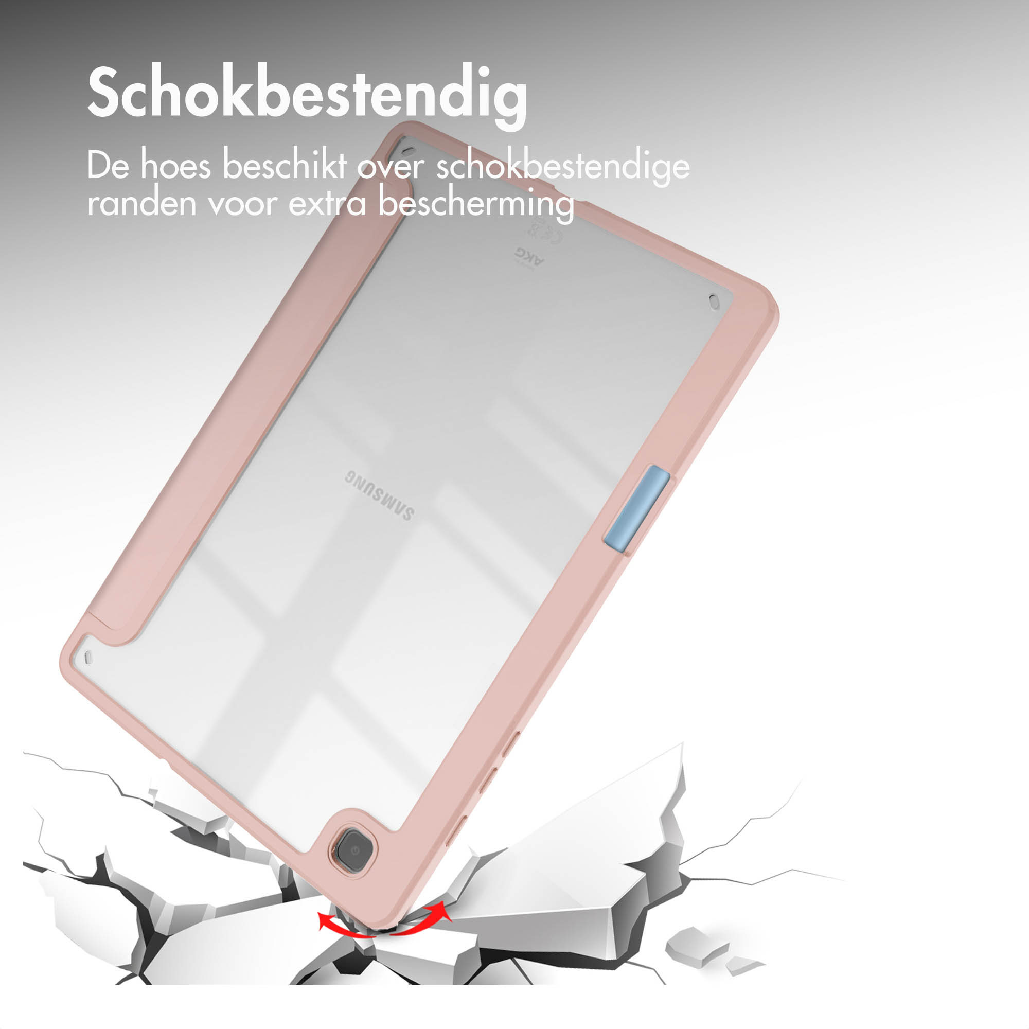 Tablet in een roze hoes, vallend op een gebarsten oppervlak. Tekst: Schokbestendig, met schokbestendige randen.