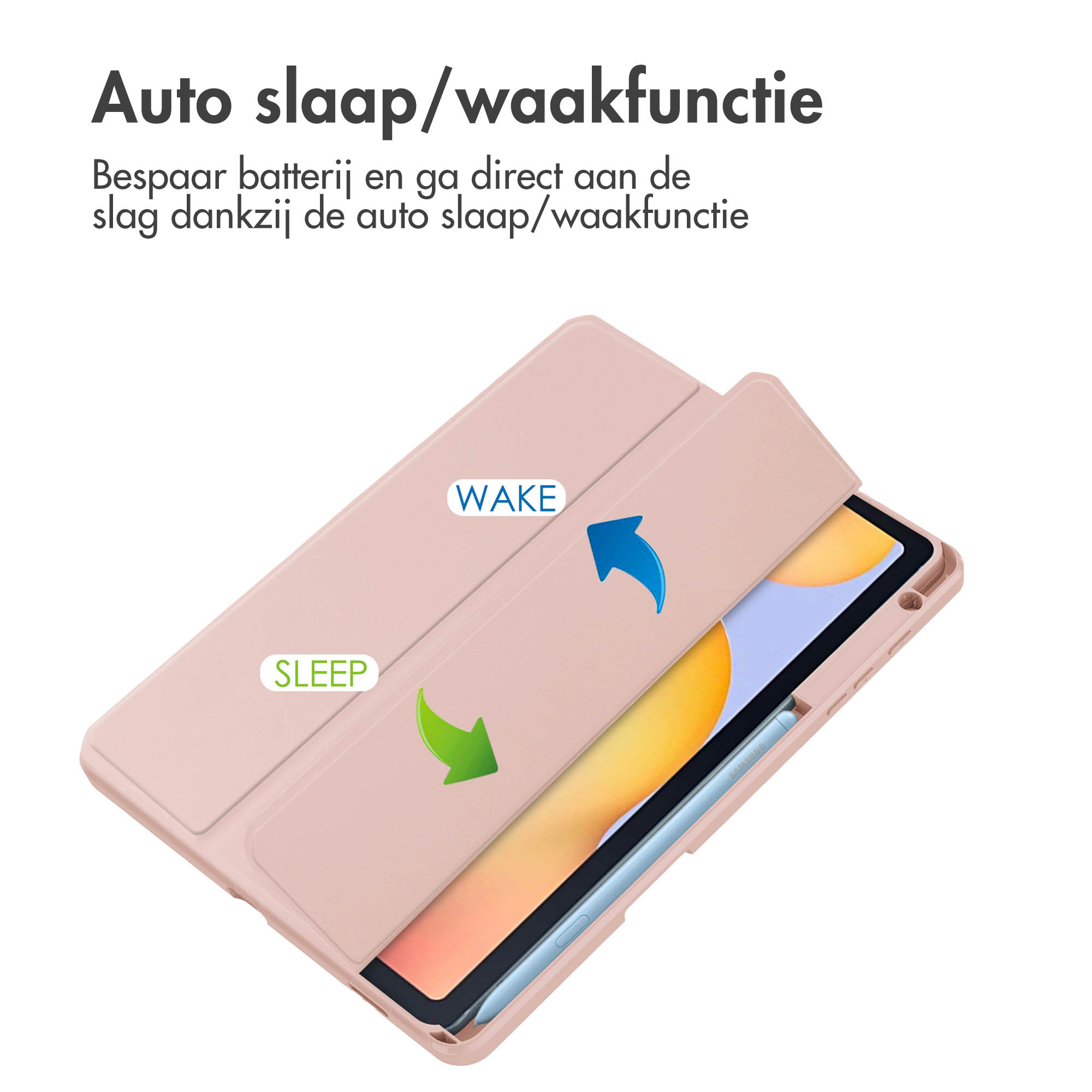 Roze tablethoes, open, met een tablet en stylus, met slaap/waakfunctie.