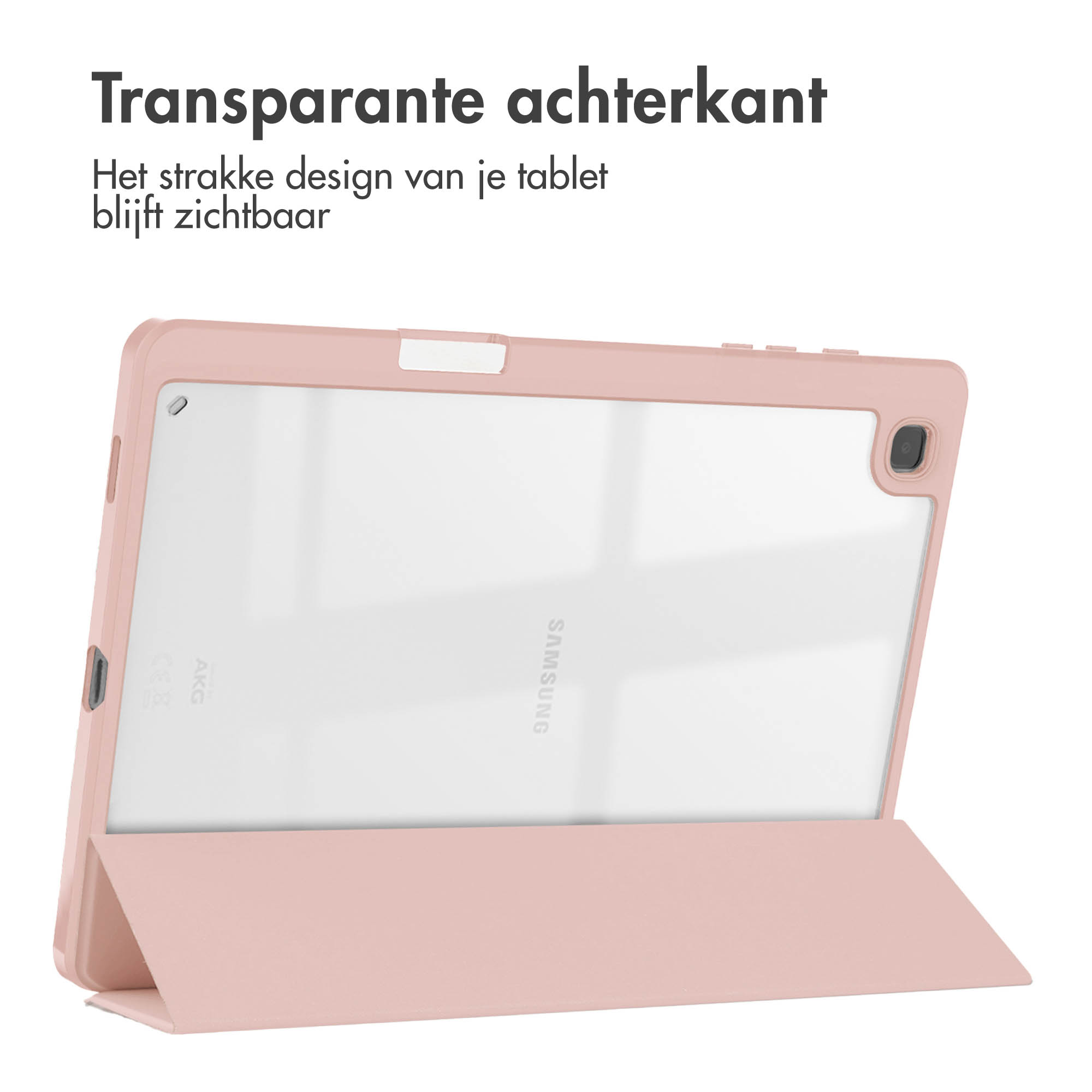 Een roze tablethoes met een transparante achterkant, die het ontwerp van de tablet laat zien.