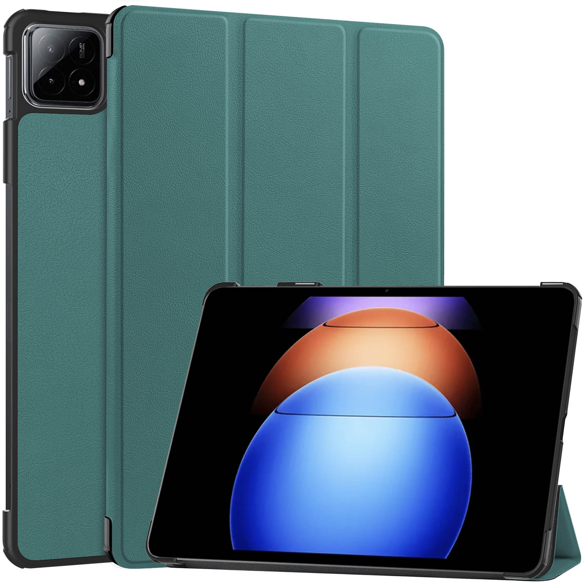 Teal tablet with a green case, black frame and camera, white background.