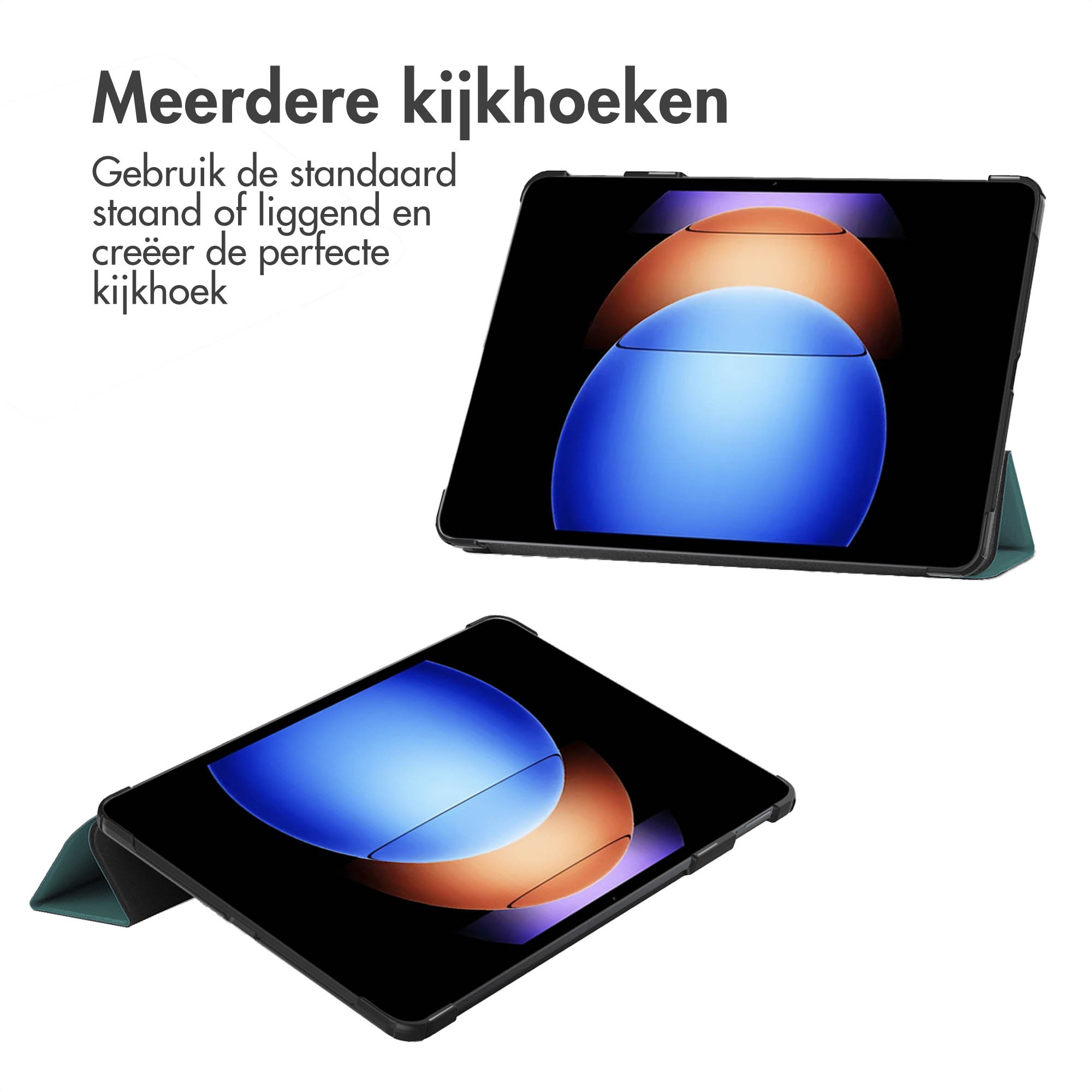 Two tablets in cases. One flat, one angled, with text in Dutch above.