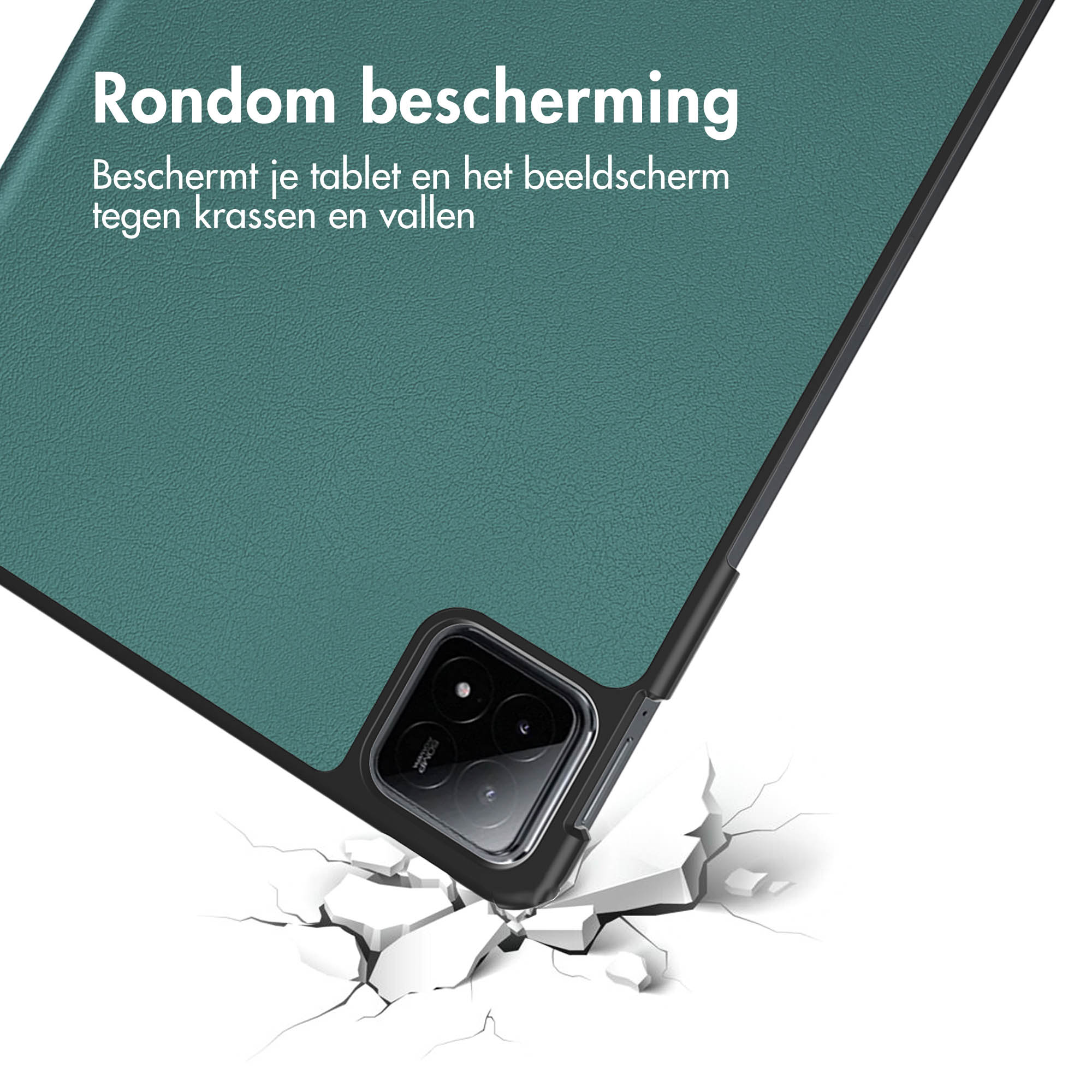 Green tablet case over a cracked surface, with text about protection.