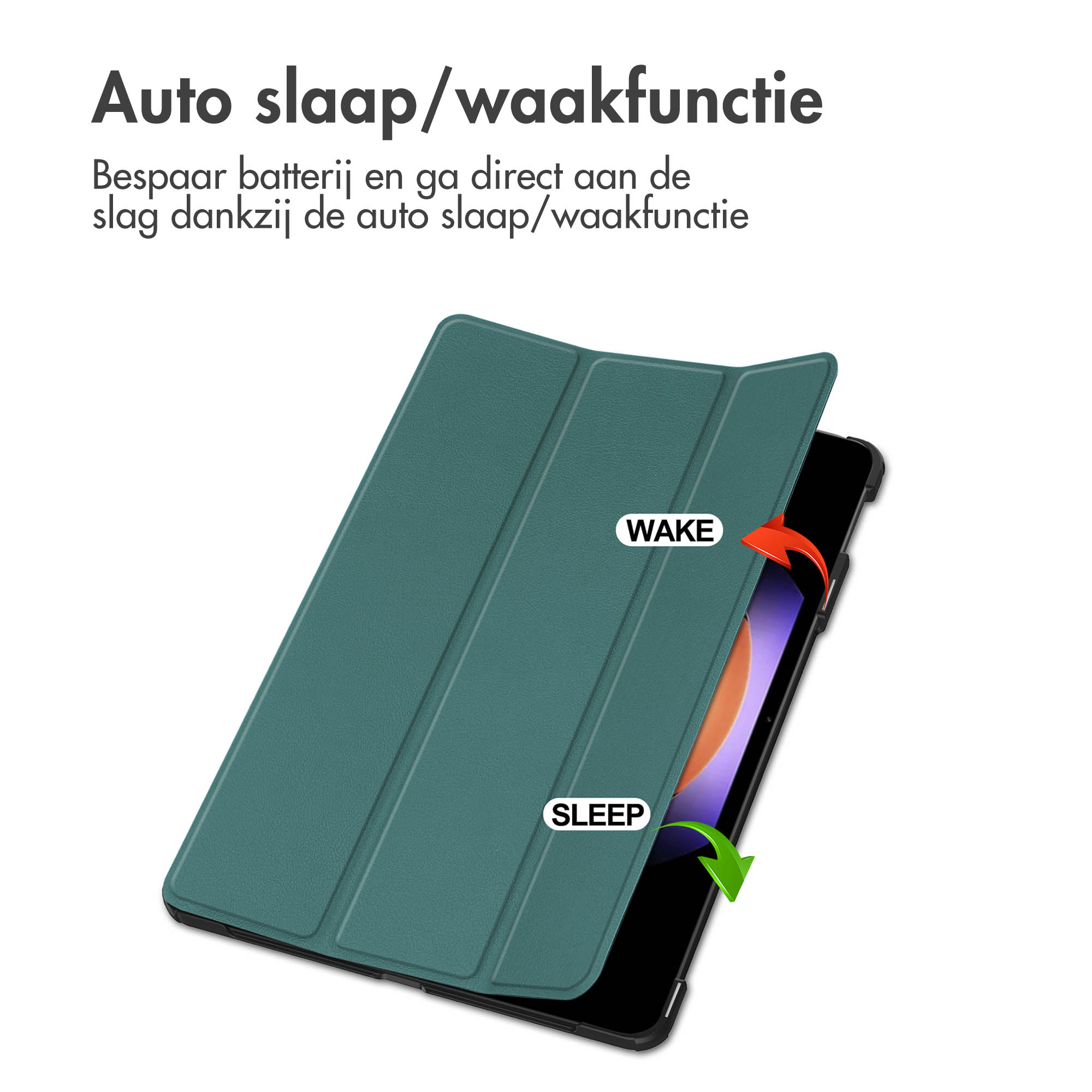 Green tablet case with auto sleep/wake function. The case folds in half, covering the screen.