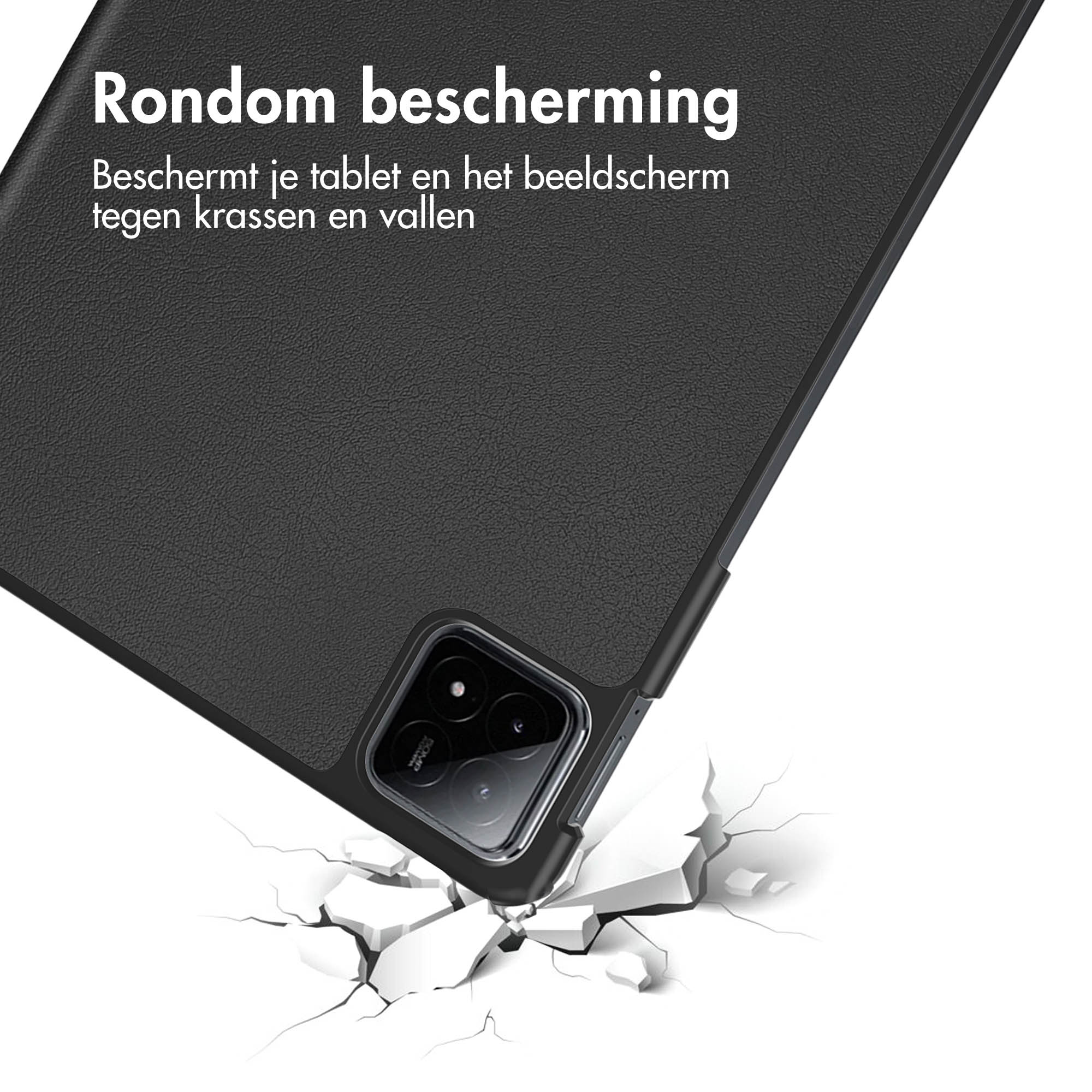 Close-up of a phone case.  Black case and white surface, with cracked ground.