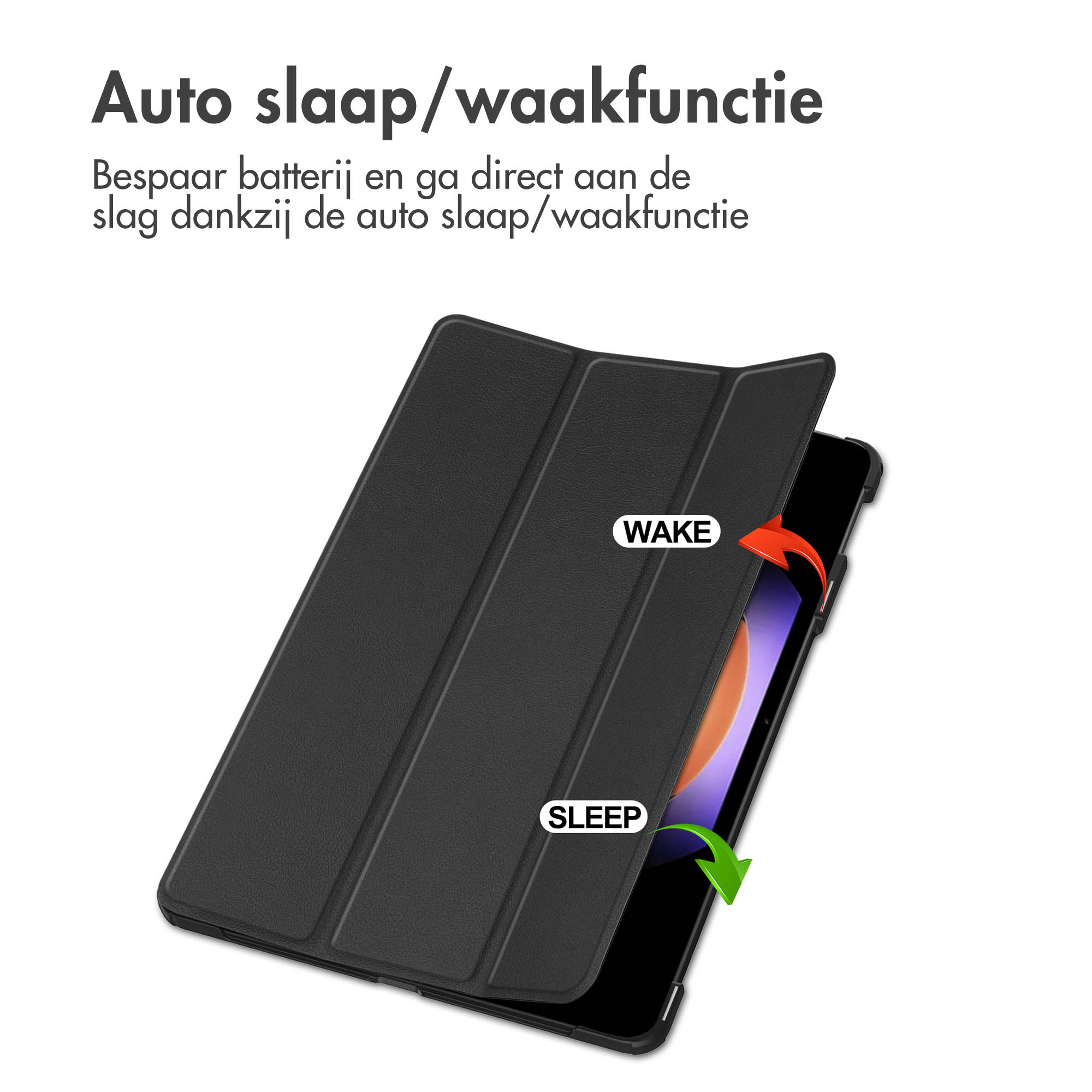 Black tablet case partially opened, with text about sleep/wake function.