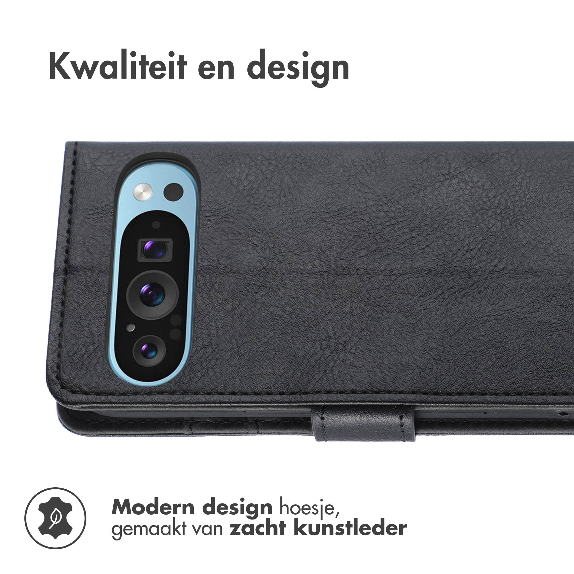 Zwarte kunstlederen telefoonhoes met drievoudige camera en zilveren accent.